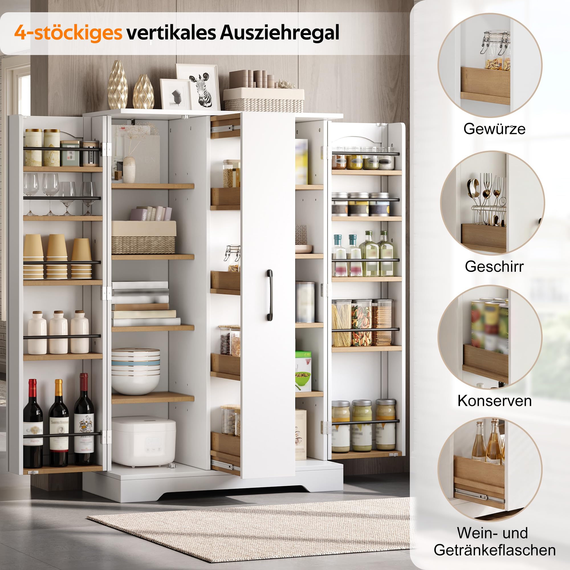 Armadio alto, buffet, mobile da cucina, vetrina, credenza con scaffale per spezie, armadio a doppia anta con estrazione verticale a 4 livelli, ripiani regolabili, 78 x 35 x 120 cm (bianco)