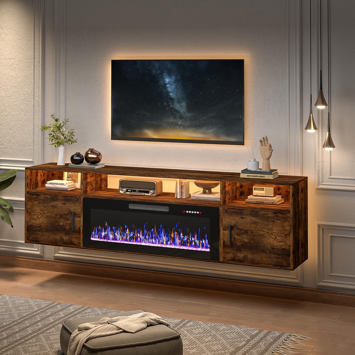 TAVATA 70" Floating Fireplace TV Stand with 36" Fireplace - Wall Mounted Entertainment Center with LED Lights & Storage Cabinet, Modern Media Console for Living Room, Supports TVs up to 80" (Brown)