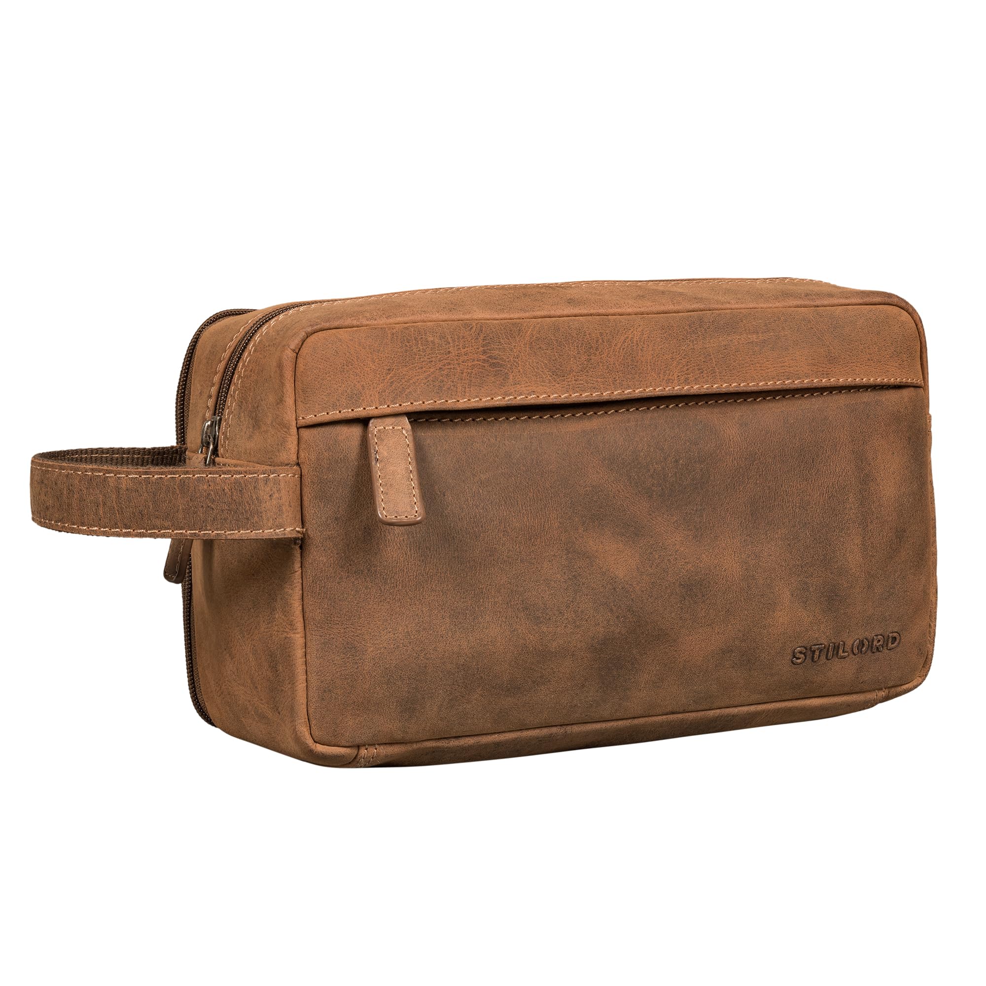 STILORD 'Marbella' Grande Neceser Maquillaje Cuero Auténtico Compartimentos y asa Impermeable Equipaje de Mano Piel Bolsa de Aseo Viaje Bolsa Baño Neceser Hombre Mujer, Color:Bergamo - marrón