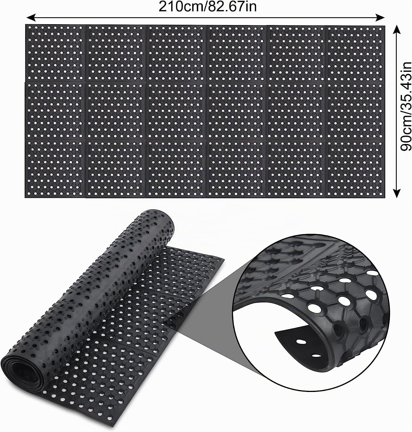Gummimatte Ringgummimatte Wabenmatten Große Gummi-Eingangsmatten für den Außenbereich rutschfest Fußmatte gelochte Fussmatte Outdoor Teppich Antirutschmatte Schmutzfangmatte 90 x 210 cm