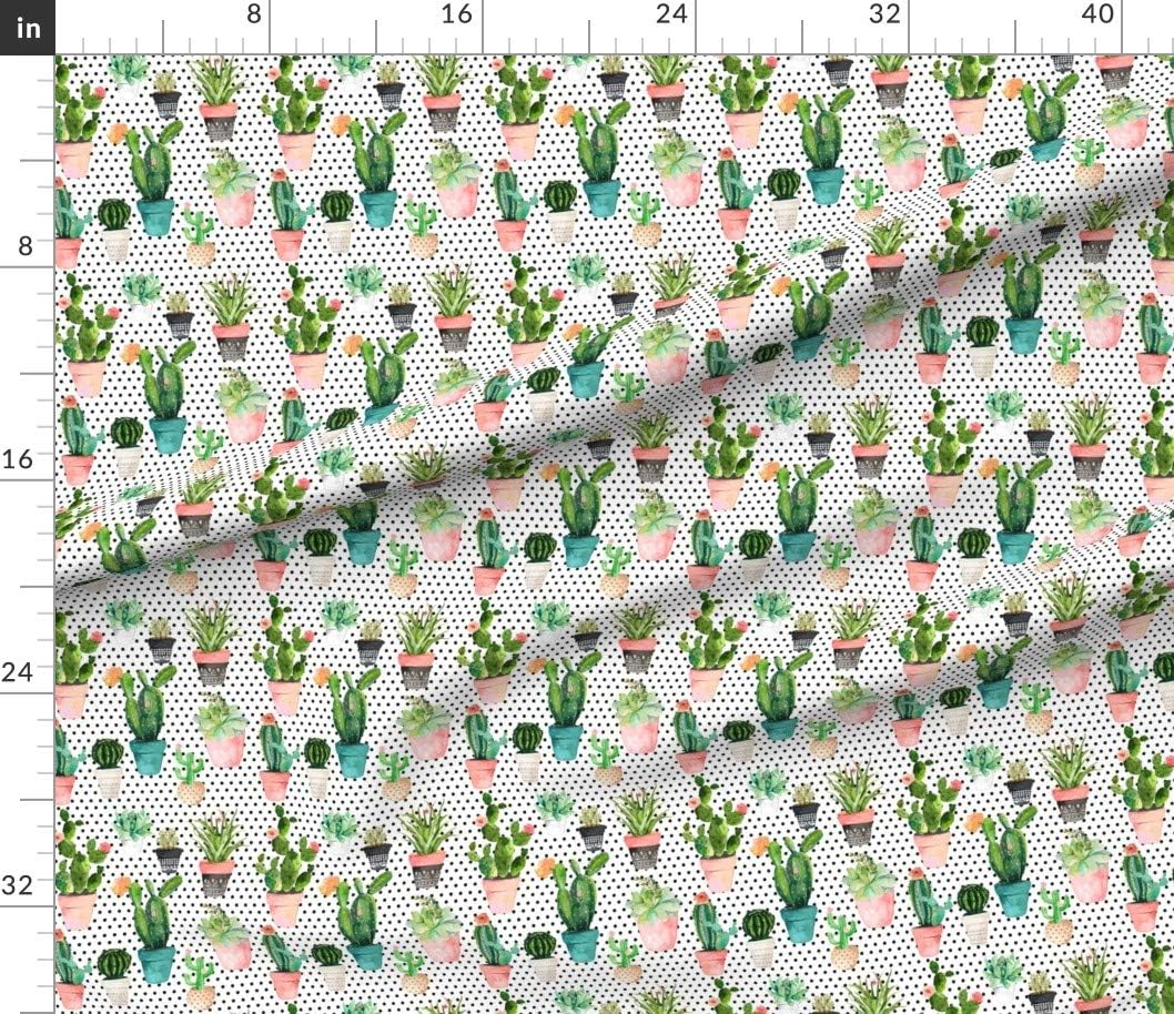 Spoonflower Fabric - Cactus Black White Polka Dots Succulents Pink Peach Kitchen Cute Printed on Petal Signature Cotton Fabric by The Yard - Sewing Quilting Apparel Crafts Decor