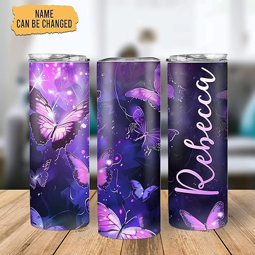 Miniatura 2 de Hyturtle Vaso delgado personalizado de mariposa, vaso de acero inoxidable de 20 onzas con nombre personalizado, regalo morado nocturno para mujeres,
