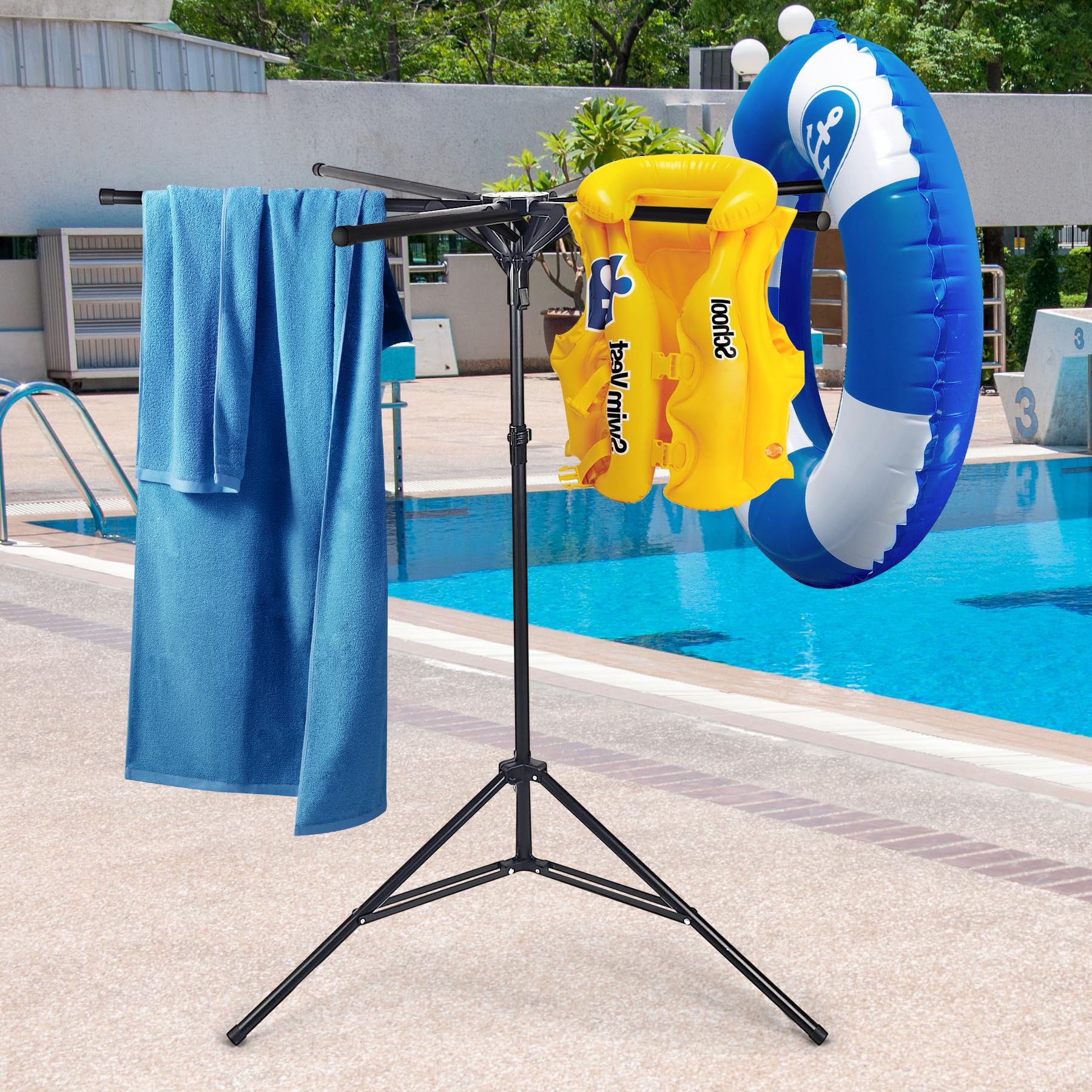 CozyNova Pool Towel Rack Outdoor – Adjustable 51-71 Inch Freestanding Pool Float Storage Rack with 6 Foldable Arms, for Towels & Swim Gear