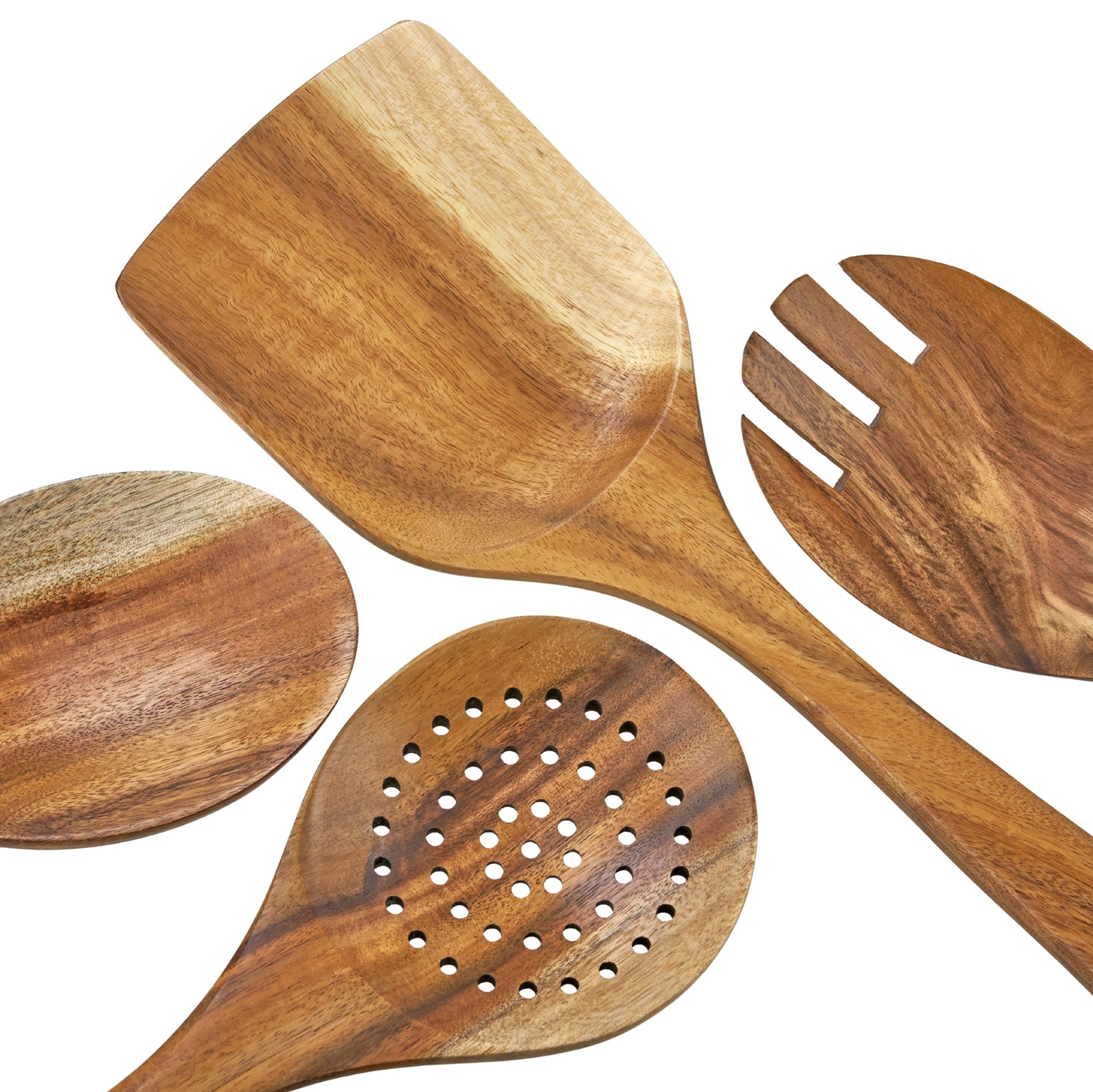 EcoSlurps Premium Teakholz Küchenhelfer Set - 8 Kochutensilien aus Holz, Löffelablage und Aufbewahrungshalter, 8 Haken zum Aufhängen, insgesamt 18-teiliges Luxus-Geschenkset (18)
