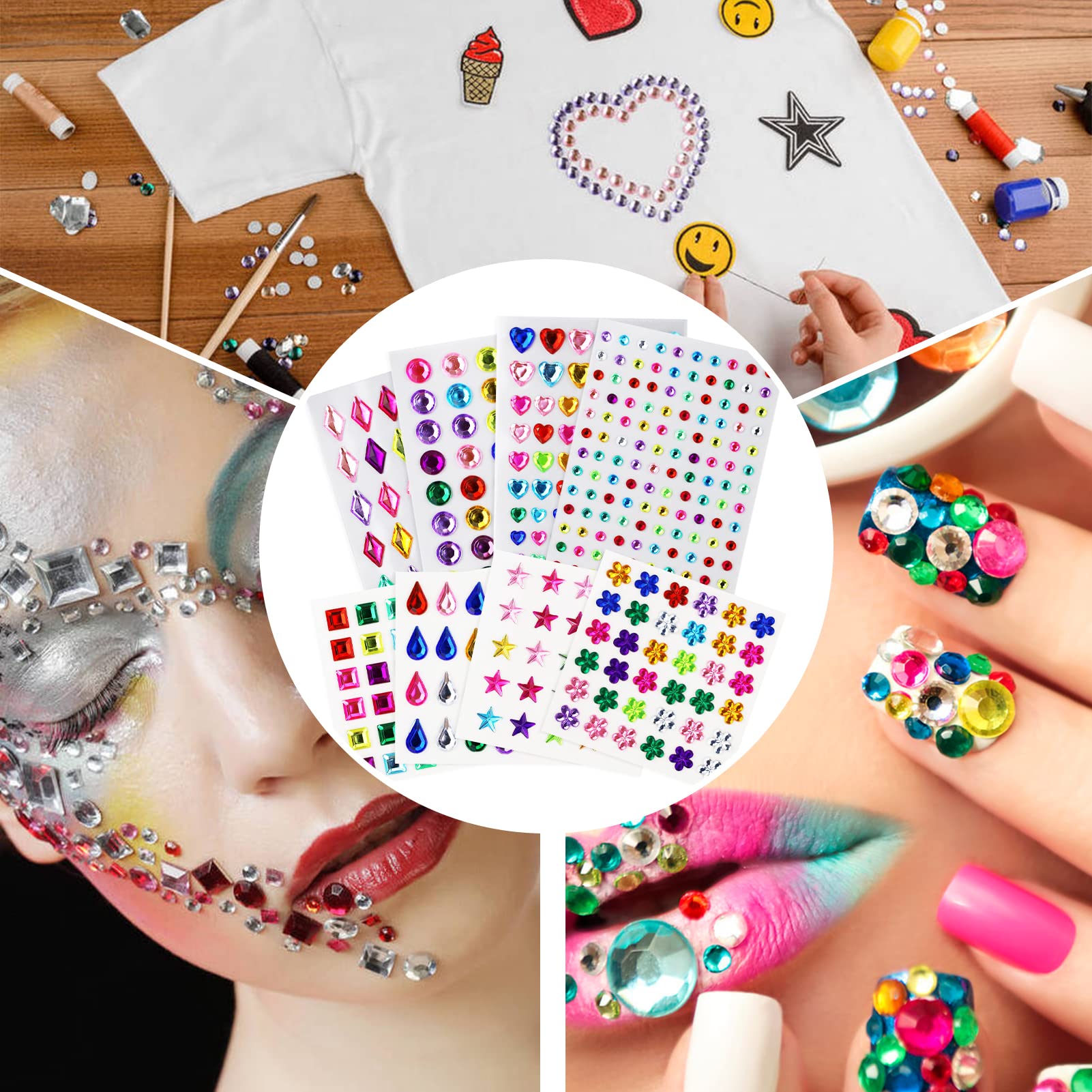 8 Fogli Gemme Autoadesive Per Artigianato - Strass Acrilici Colorati, Forme Varie, Fai Da Te Per Bambini E Decorazioni