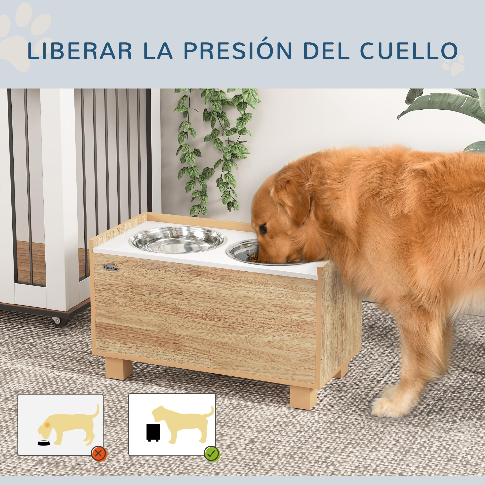 PawHut Comedero Perro Elevado con Alimentador Lento Extraíble y Espacio de Almacenaje Cuencos para Perros con 2x2 L Comedero y Bebedero de Acero Inoxidable para Perros Grandes Roble