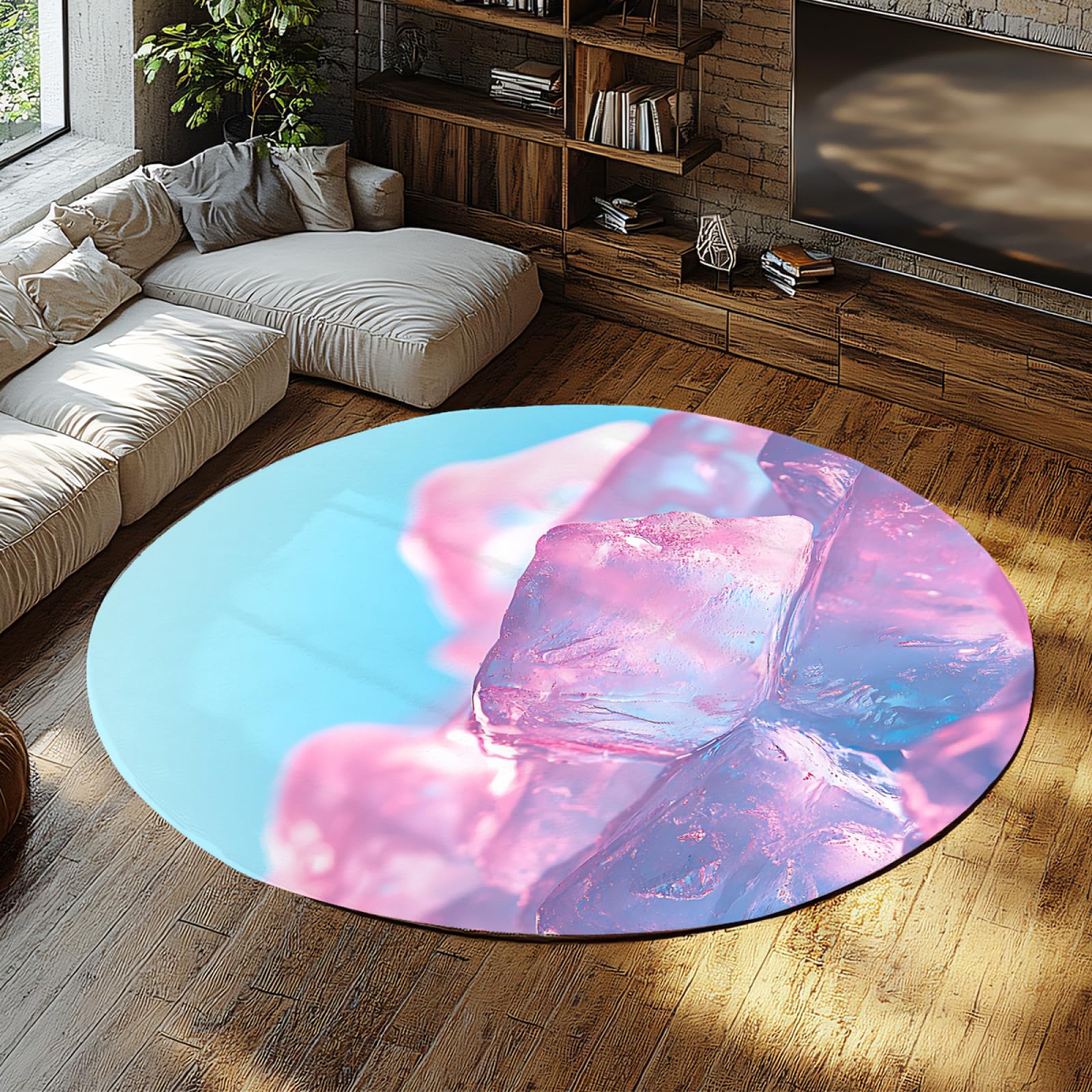 Tapis ronds à poils ras 200x200cm bleu et rose pour salon et entrée