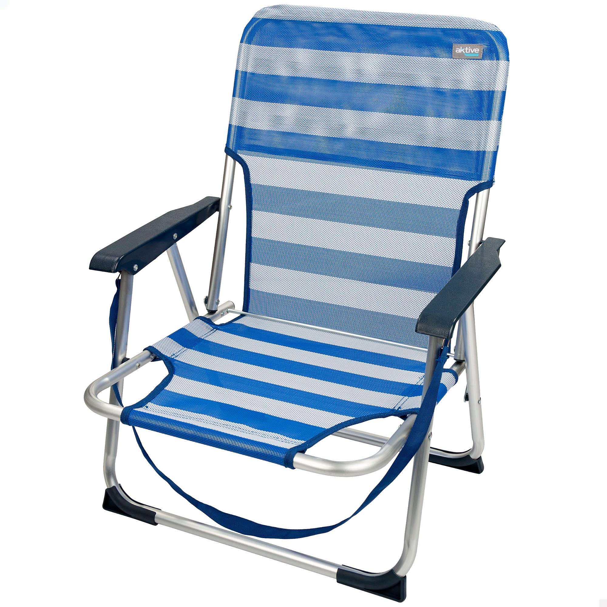 AKTIVE Silla fija plegable de playa, Silla respaldo fijo,Silla playa,44x40x72 cm,Silla plegable, Silla fija de aluminio,con asa para transportar,color azul y rayas blancas, soporta 100 kg peso (53950)