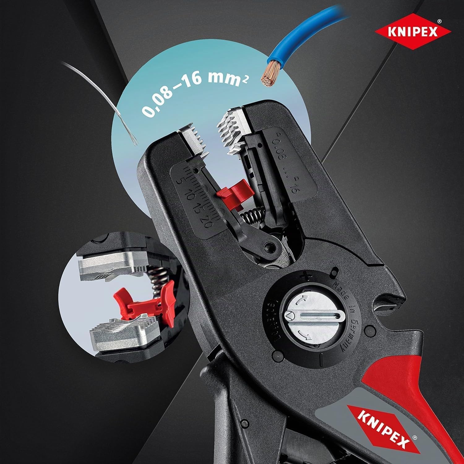 KNIPEX PreciStrip16 Automatische Abisolierzange, in Blister, 0,08-16 mm², Feinjustierung, einstellbarer Längenanschlag, 12 52 195