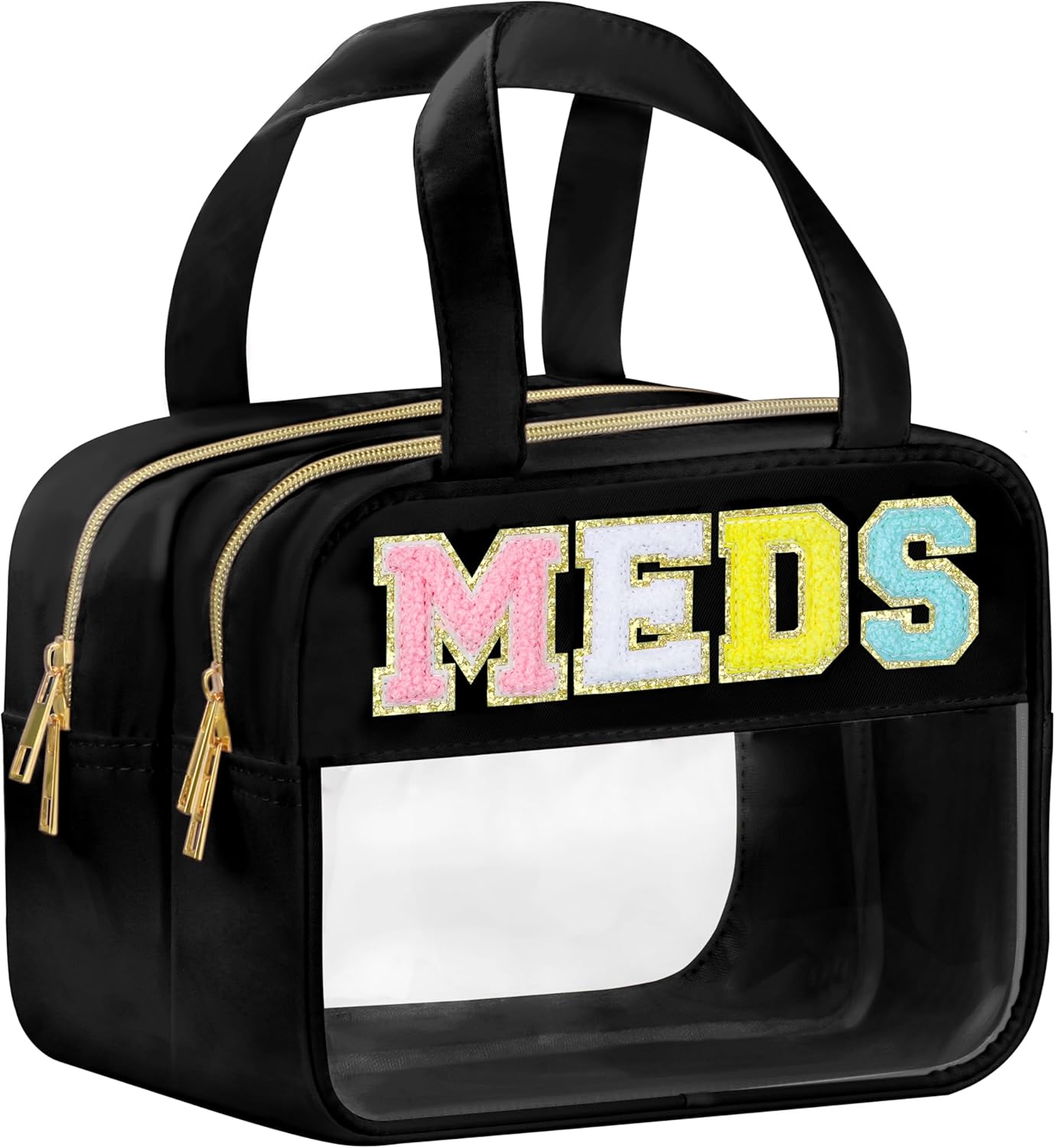 BuyCard Chenille Letter Clear Medicine Makeup Bag for Travel, Preppy Patch Nylon Cosmetic Meds Pouch with Handles and Zipper, Waterproof Large Travel Toiletry Bag Storage Case for Women Black