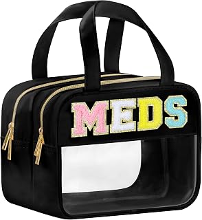 BuyCard Chenille Letter Clear Medicine Makeup Bag for Travel, Preppy Patch Nylon Cosmetic Meds Pouch with Handles and Zipper, Waterproof Large Travel Toiletry Bag Storage Case for Women Black