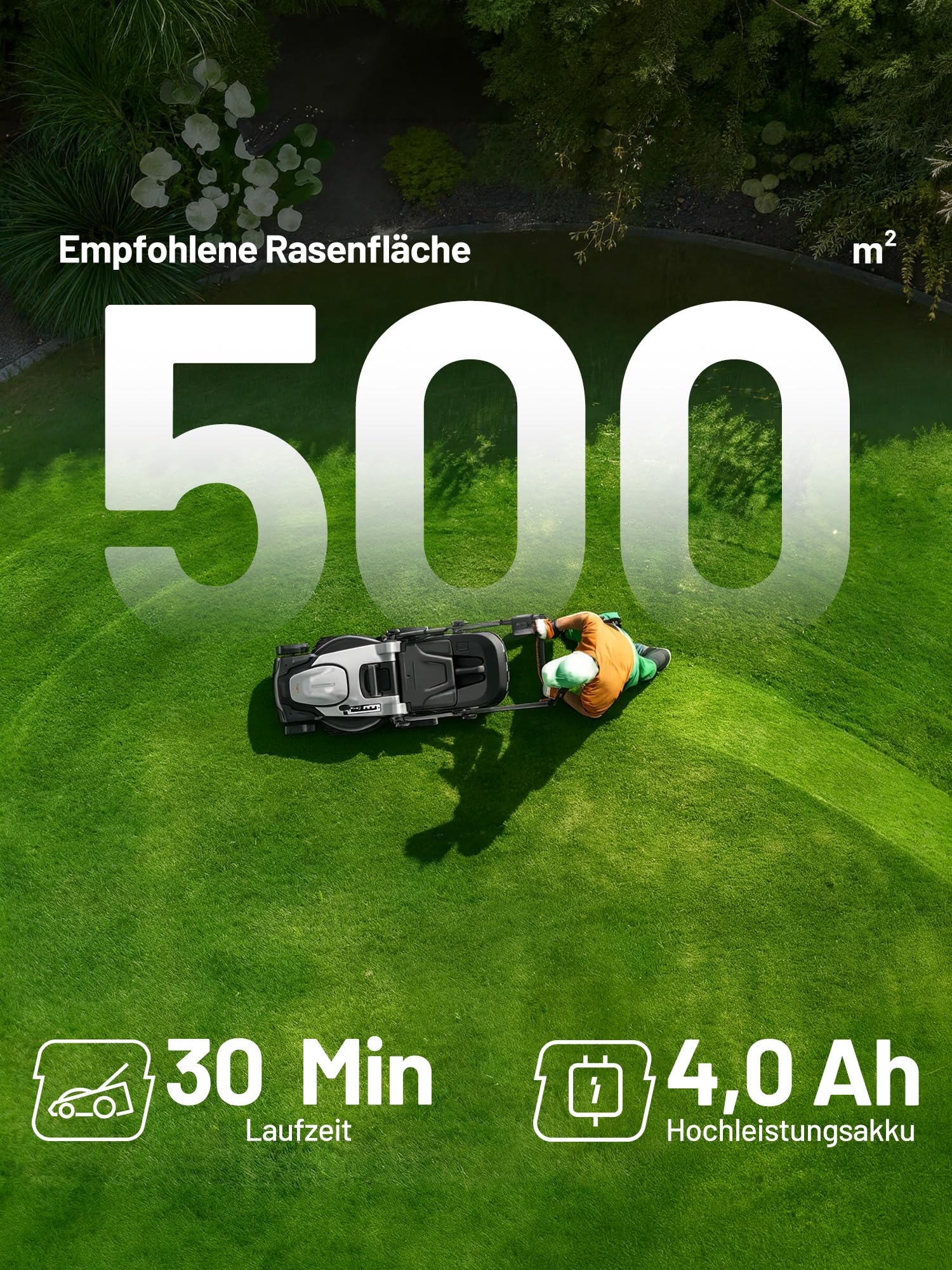 U20 Litheli Akku Rasenmäher, 2 x 20V, 43cm Schnittbreite, Brushless, bis 500 m², 40L Fangkorb, 25-75 mm Schnitthöhe, inkl. 2 x 4,0 Ah Akkus