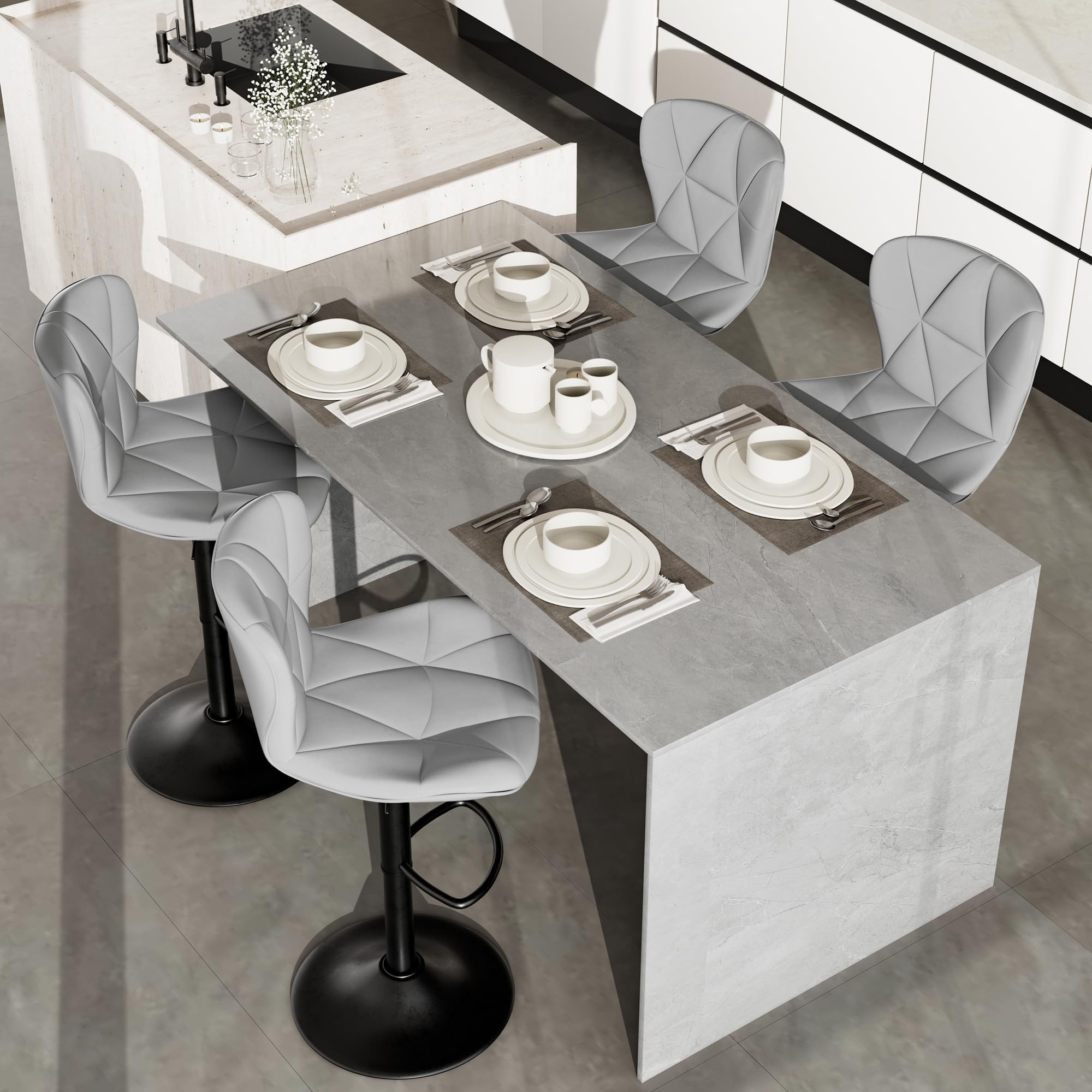 - Bar Stools Set of 4, Modern Faux Leather Adjustable Swivel Barstools, Counter Height Chairs with Back and Footrest for Kitchen Island, Light Grey