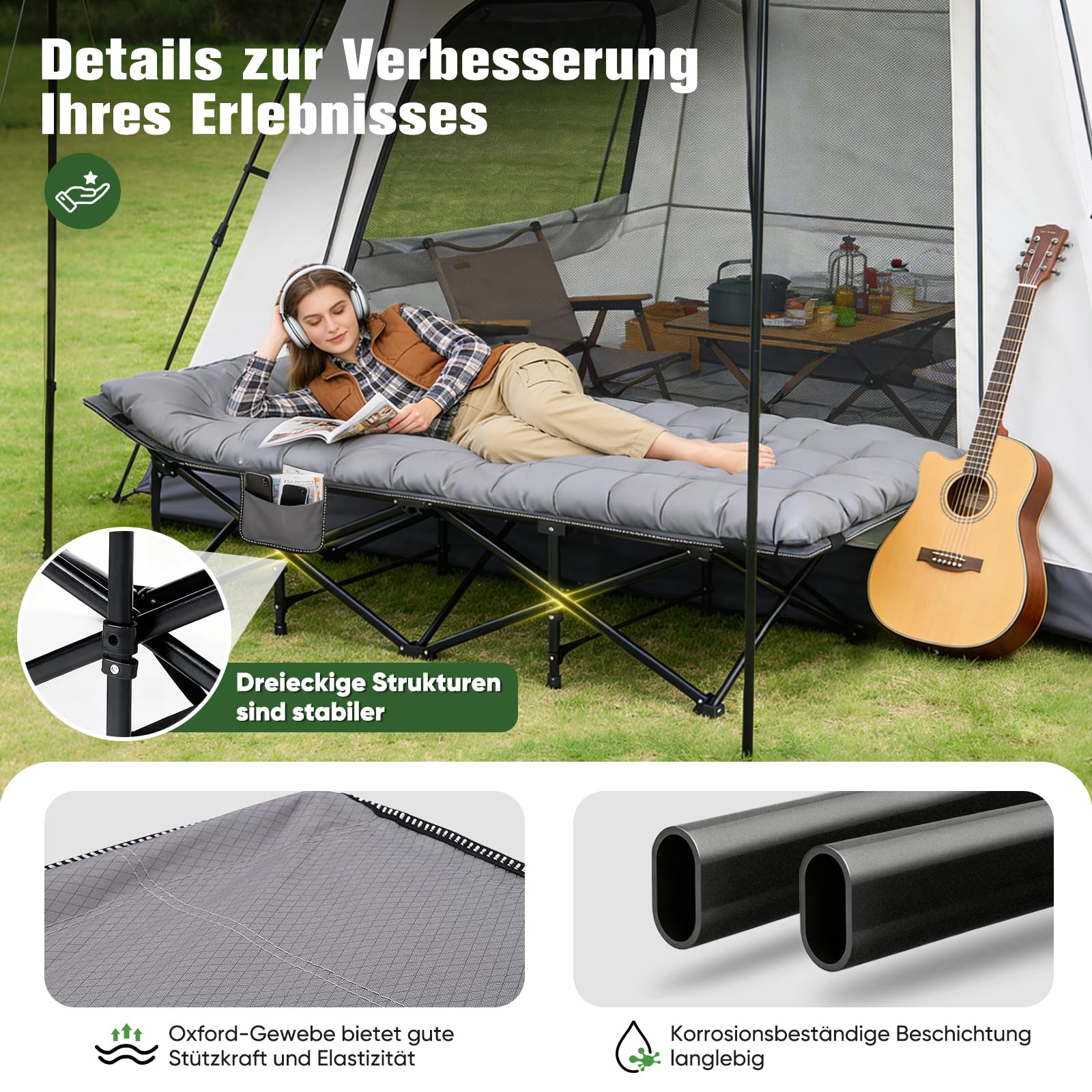 Sekey Feldbett Klappbar XXL, 190 x 71 x 35 cm überbreit, Campingbett inkl. Matratze, verstärkte Stahlrohre und hochwertiges Oxford-Gewebe – ideal als Gästebett für Garten und Camping