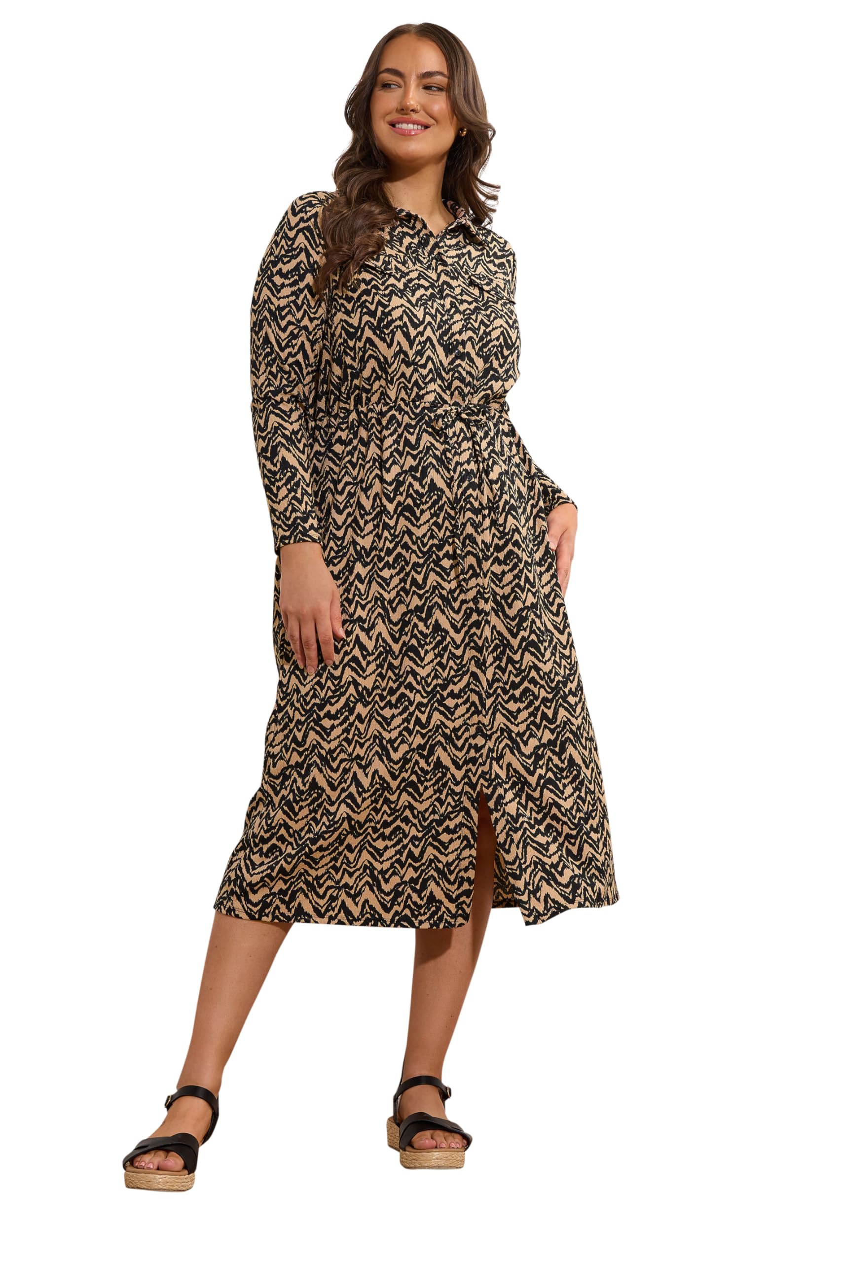 Evans Women's Brown Plus Natural Abstract Print Crepe Midi Shirt Dress Size 16