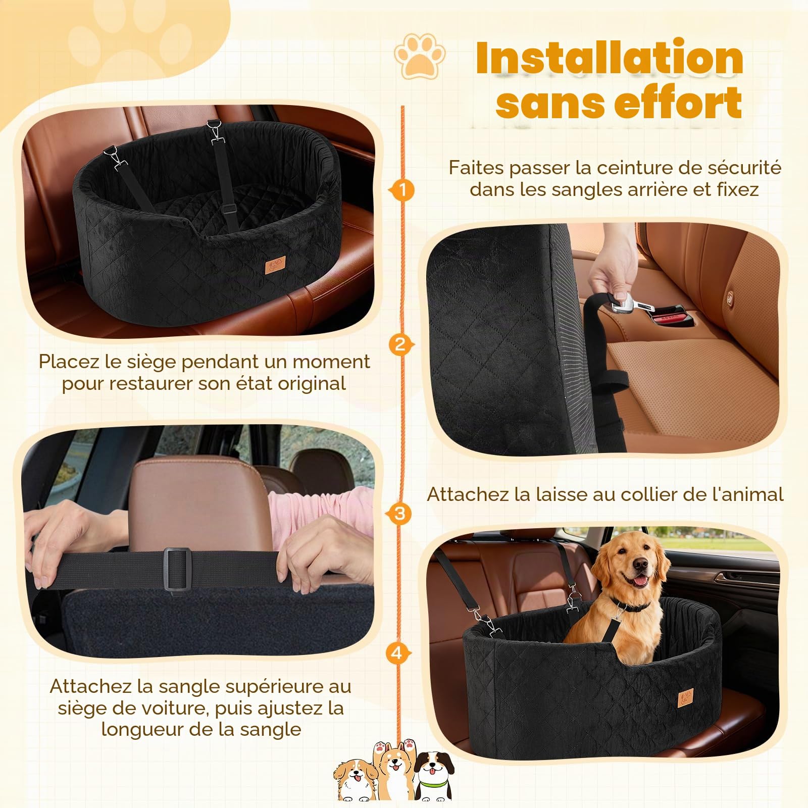 Siège Auto pour Chien 78x52x36CM, Panier Chien Voiture avec Siège Amovible, Corde de Sécurité & Base Antidérapante et Housse Amovible, Siège Auto pour Grands Chiens Lourds (Rond)