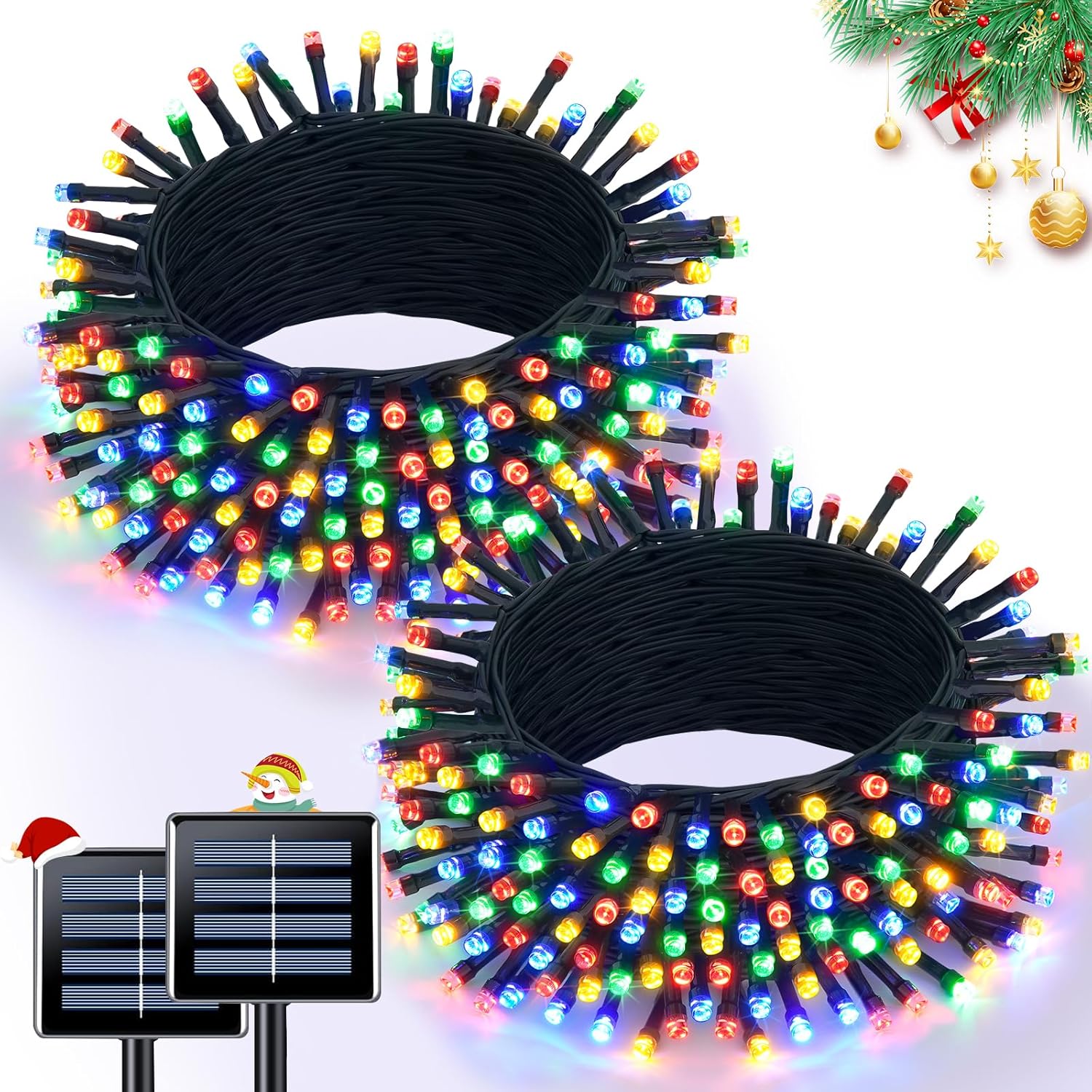 JMEXSUSS 2 Pack Solar String Light 100LED 32.8ft 8 Modes Solar Christmas Lights Waterproof for Gardens, Wedding, Party, Homes, Christmas Tree, Curtains, Outdoors (Multicolor)