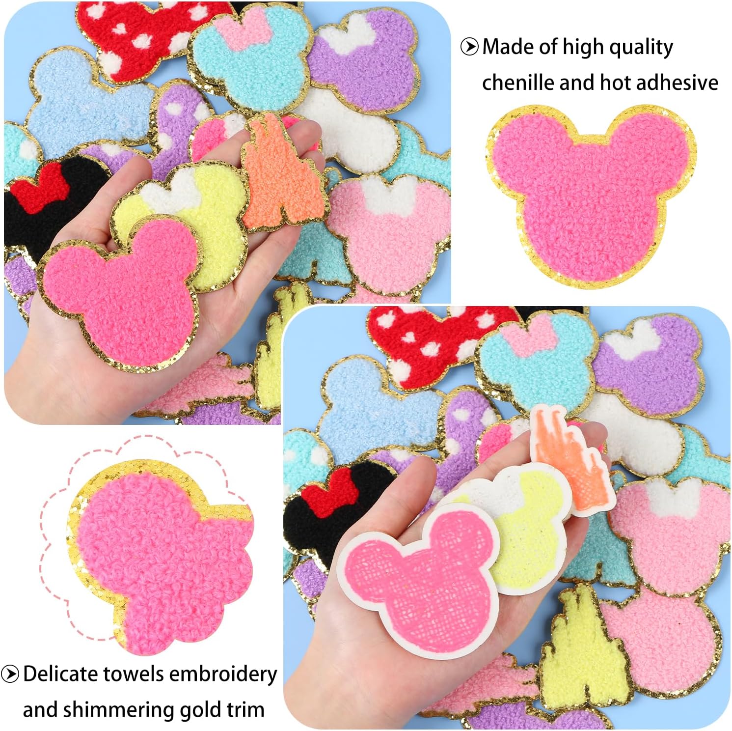 20 PCS Chenille Iron on Patches, CCOZN Colorful Chenille Castle Bowknot Bear Embroidered Patches Sew On Embroidered Applique DIY Accessory for Clothing Hats Jackets Backpack Pants