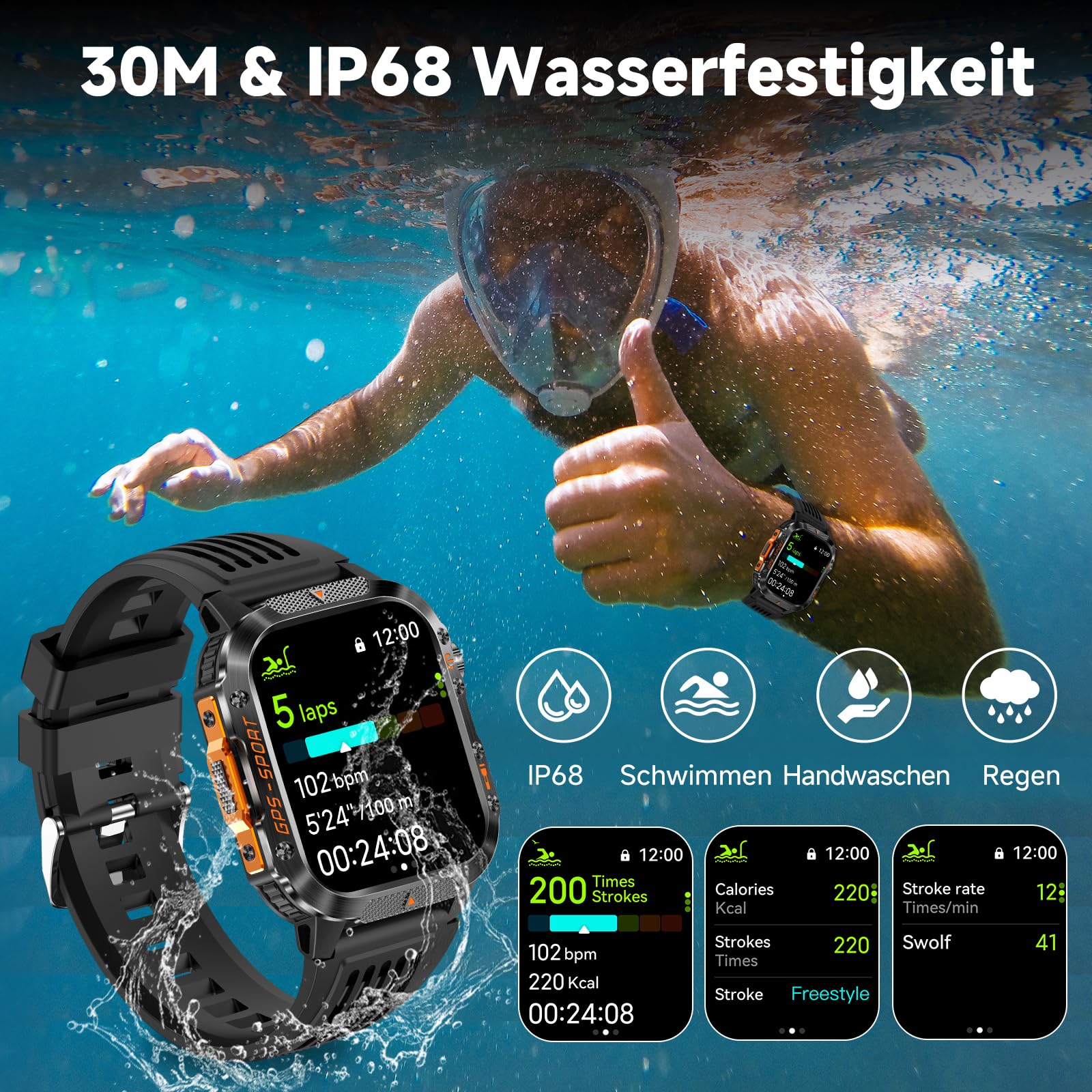 GPS Smartwatch Herren Schwarz Uhr Kompass Luftdruck Telefonfunktion Schlafmonitor Herzfrequenz Schrittzähler Sportuhr Militär Wasserdicht 2,01" Touchscreen 540mAh Akkulaufzeit (2 Uhrbänder)