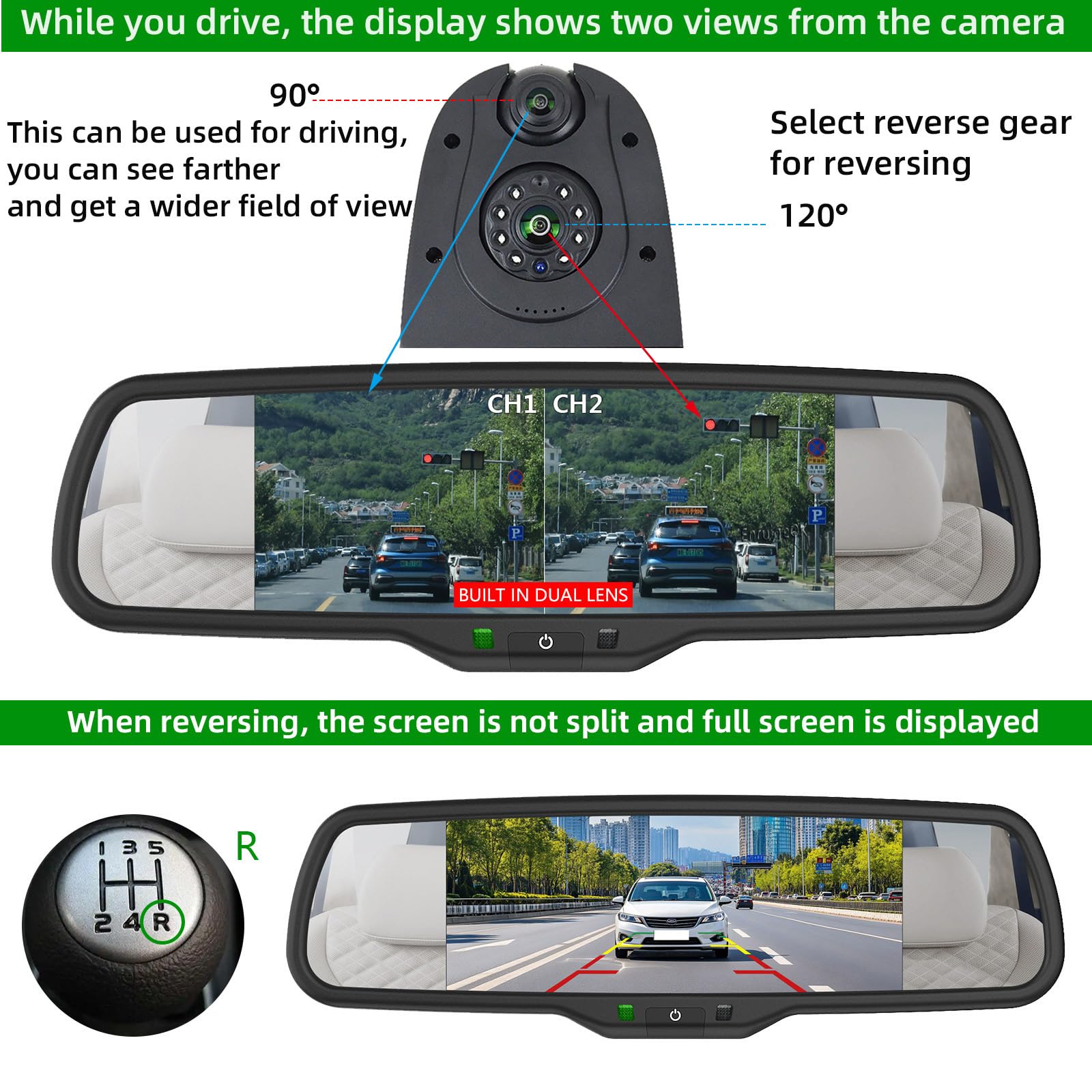 Cámara de marcha atrás HD de luz de freno de doble lente para Ford Transit 350 MK8 Van (2014-presente) con pantalla dual de 6.86 pulgadas 2 monitores divididos (kit de soporte n.º 1.5)