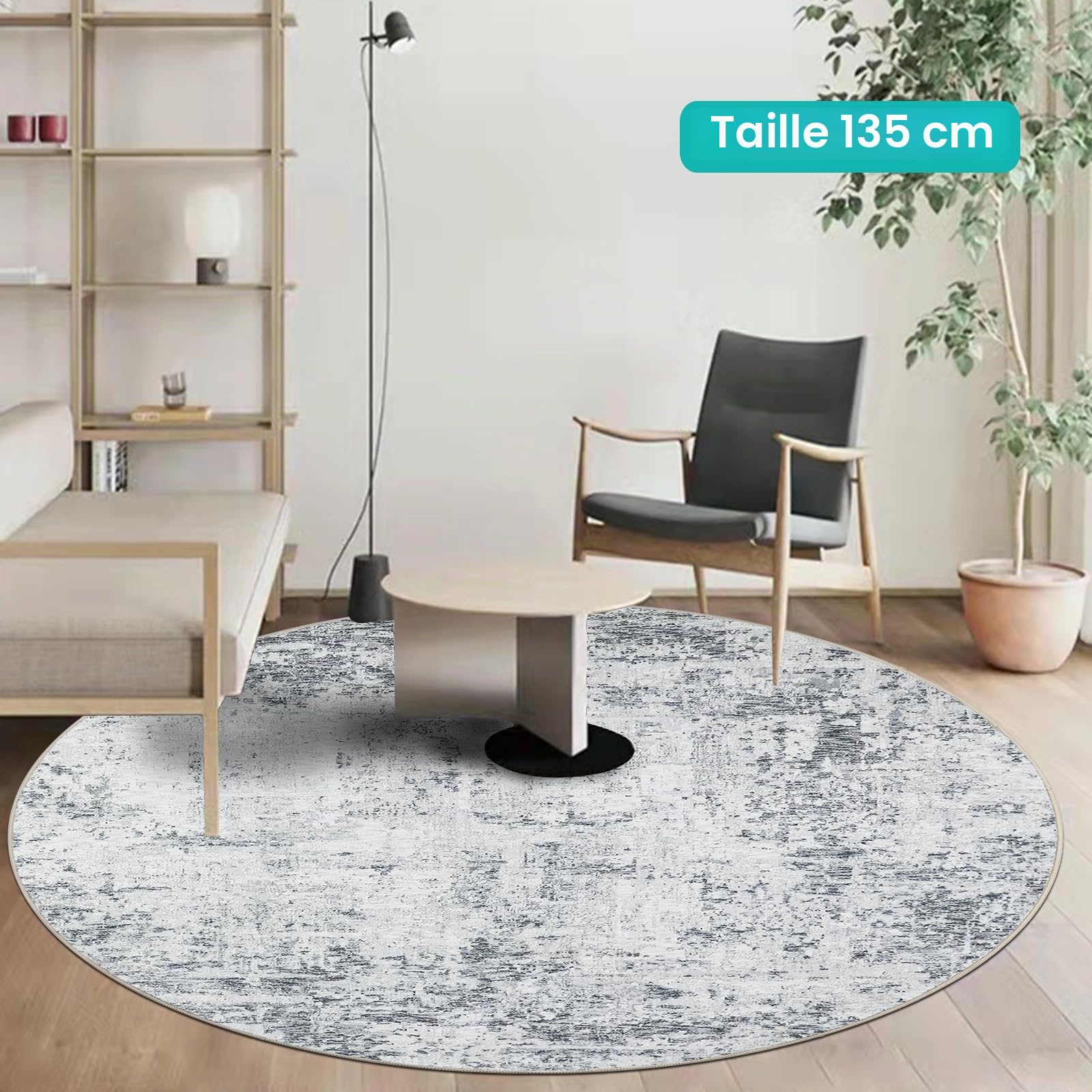 Capslpad Gris Abstrait Tapis Rond ø135cm Tapis Moderne antidérapant Salon Rond Lavable Tapis Ronds Poils Courts Doux Rond Beige pour Salon Chambre à Coucher Bureau à Domicile Décoration