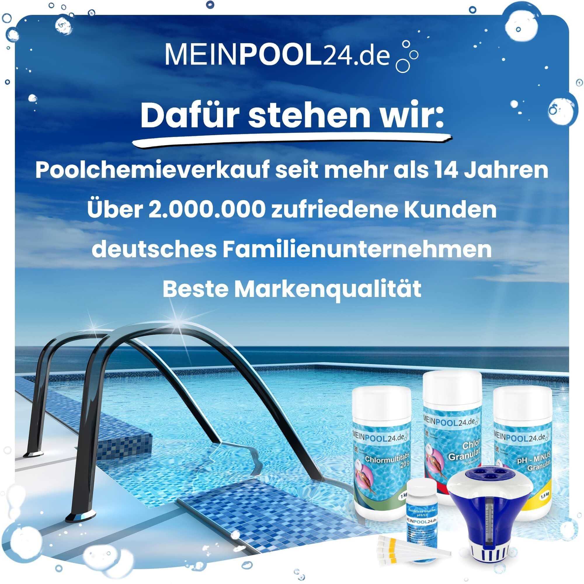 Meinpool24.de Wasserpflege Set Chlor Starterset I 1,0 kg Chlorgranulat schnelllöslich|1,0 kg Chlormultitabs 20 g|1,5kg pH-Minus Granulat|1 Dosierschwimmer|1 Wassertestkit pH/Cl|Wasserpflegeanleitung