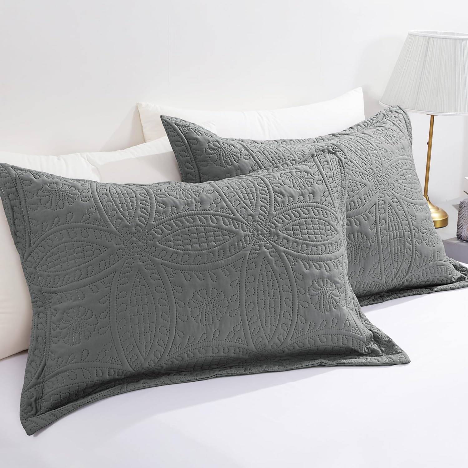 HOMBYS Quilted Pillow Shams Standard Size Set of 2-Modern Style Coin Pattern Pillow Cover with Envelope Closure-Durable, Soft and Breathable (Standard-20 x26, Dark Grey) - Image 4