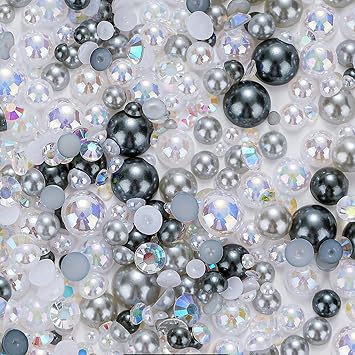 100g Mix Flatback Pearls and Rhinestone, Rhinestones for Crafting,Mixed Size 3mm-10mm AB Color Round Half Pearls Flatback Pearl Beads for DIY Craft Nail Art Shoes Clothes TumblersGray|Silver|White
