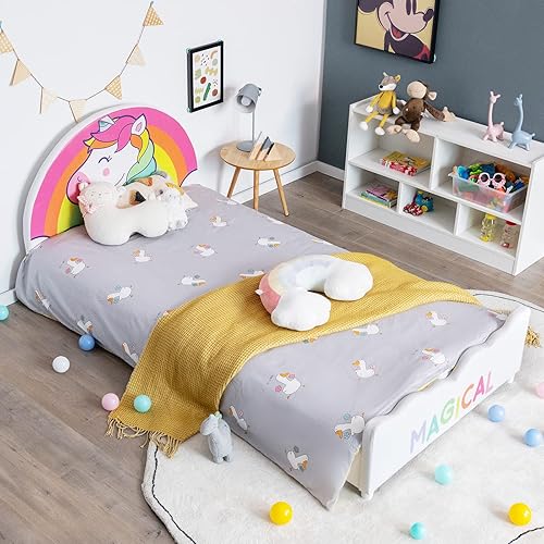 Miniatura 26 de Costzon Base de cama individual para niños, plataforma de cama individual tapizada de madera con soporte de listones, cabecera y estribo acolchados