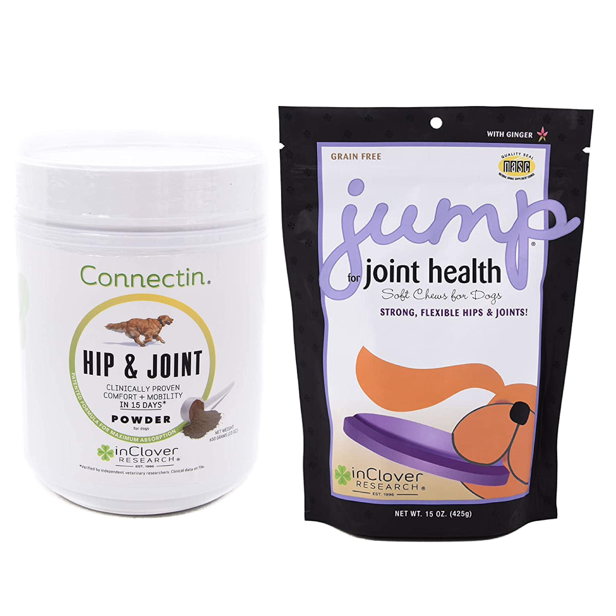 In Clover Connectin Hip and Joint Powder Supplement for Dogs (23 Oz) & Jump Soft Chews for Daily Joint Care and Endurance Support for Dogs (15 Oz)
