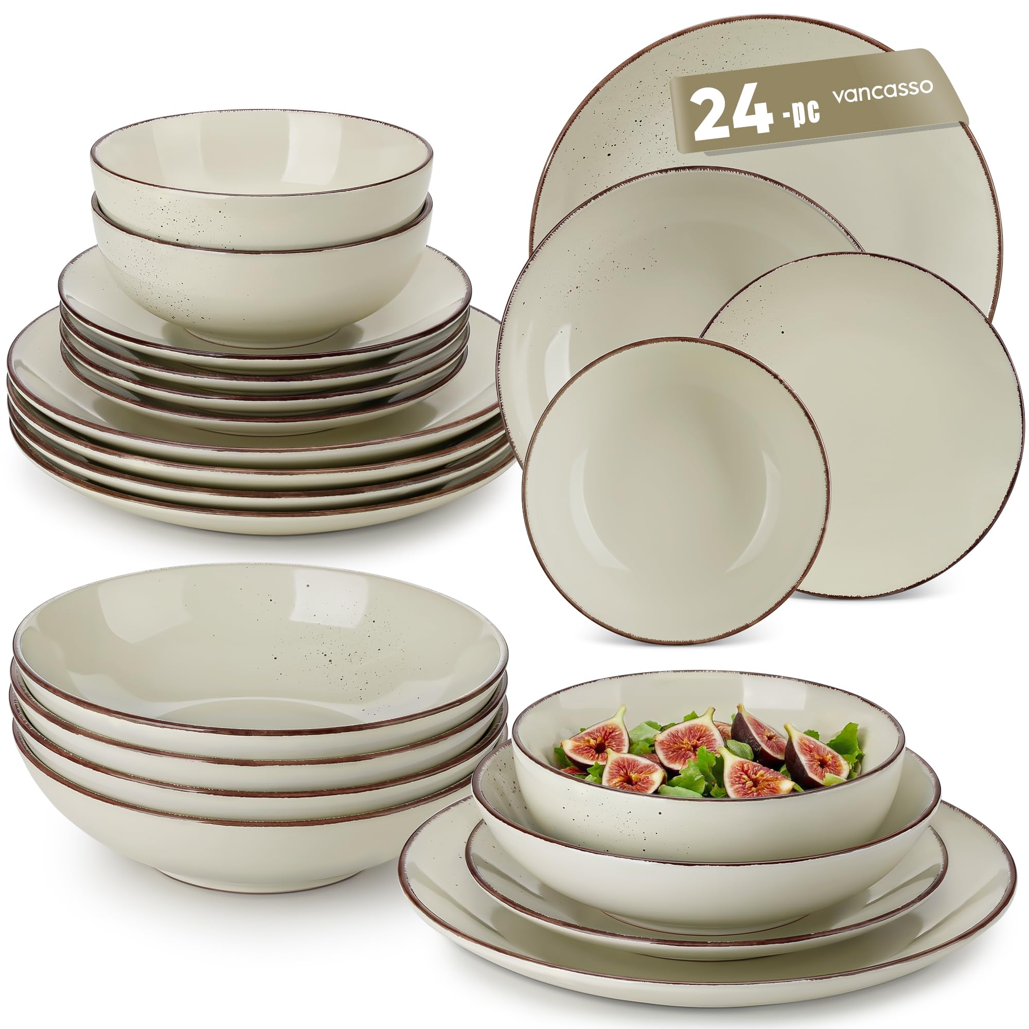 vancasso Navia 24 Pieces Stoneware Dinner Set for 6, Beige Rustic Ceramic Tableware Set with Dinner Plates, Dessert Plates, Soup Bowls & Cereal Bowls, Dishwasher & Microwave Safe — image 1