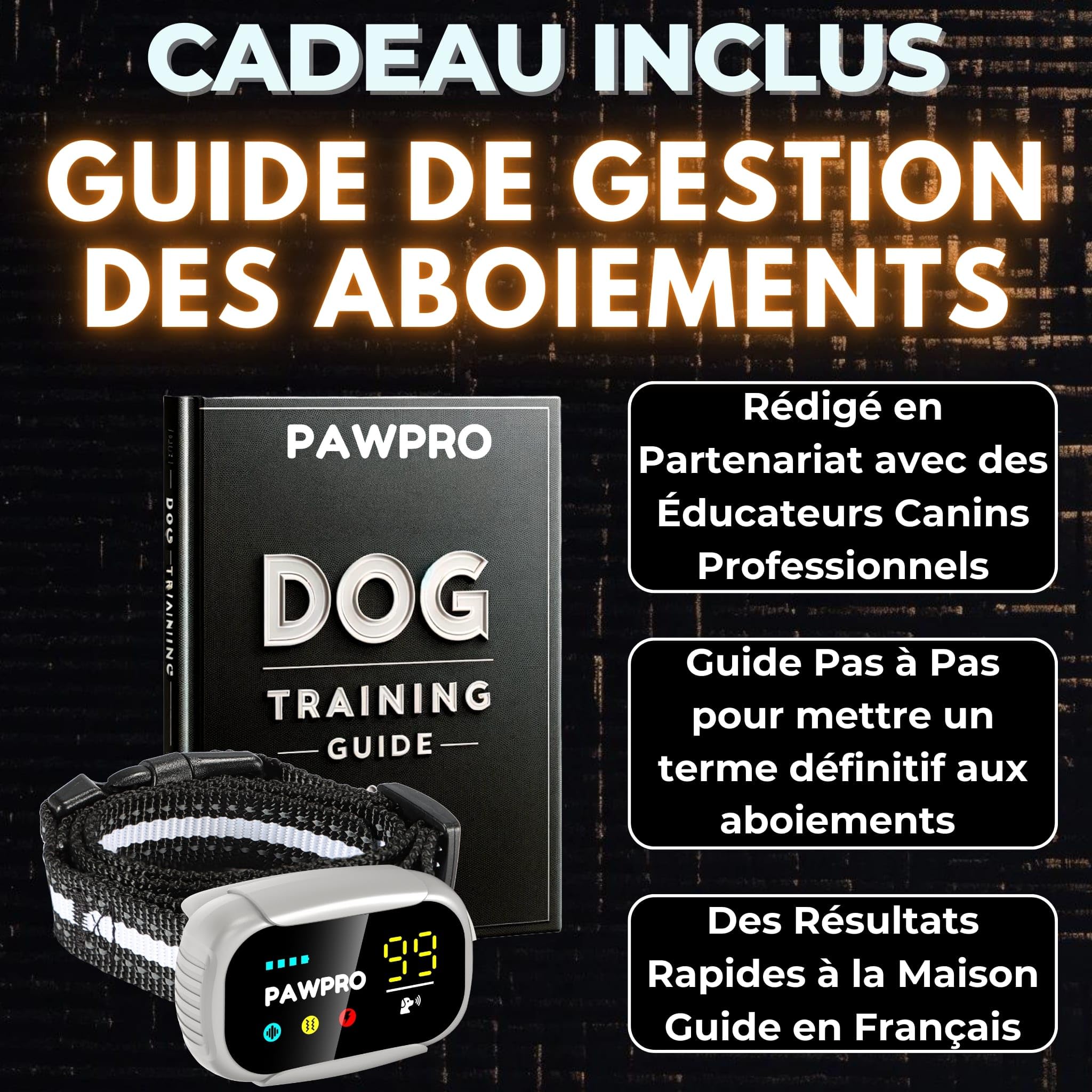 PAWPRO Collier Anti Aboiement pour Chiens, 4 Modes BIP Vibration Choc avec Suivi des Aboiements, Guide de Dressage Inclus, Automatique Rechargeable Étanche, Adapté à Tous Les Chiens, Marque Française