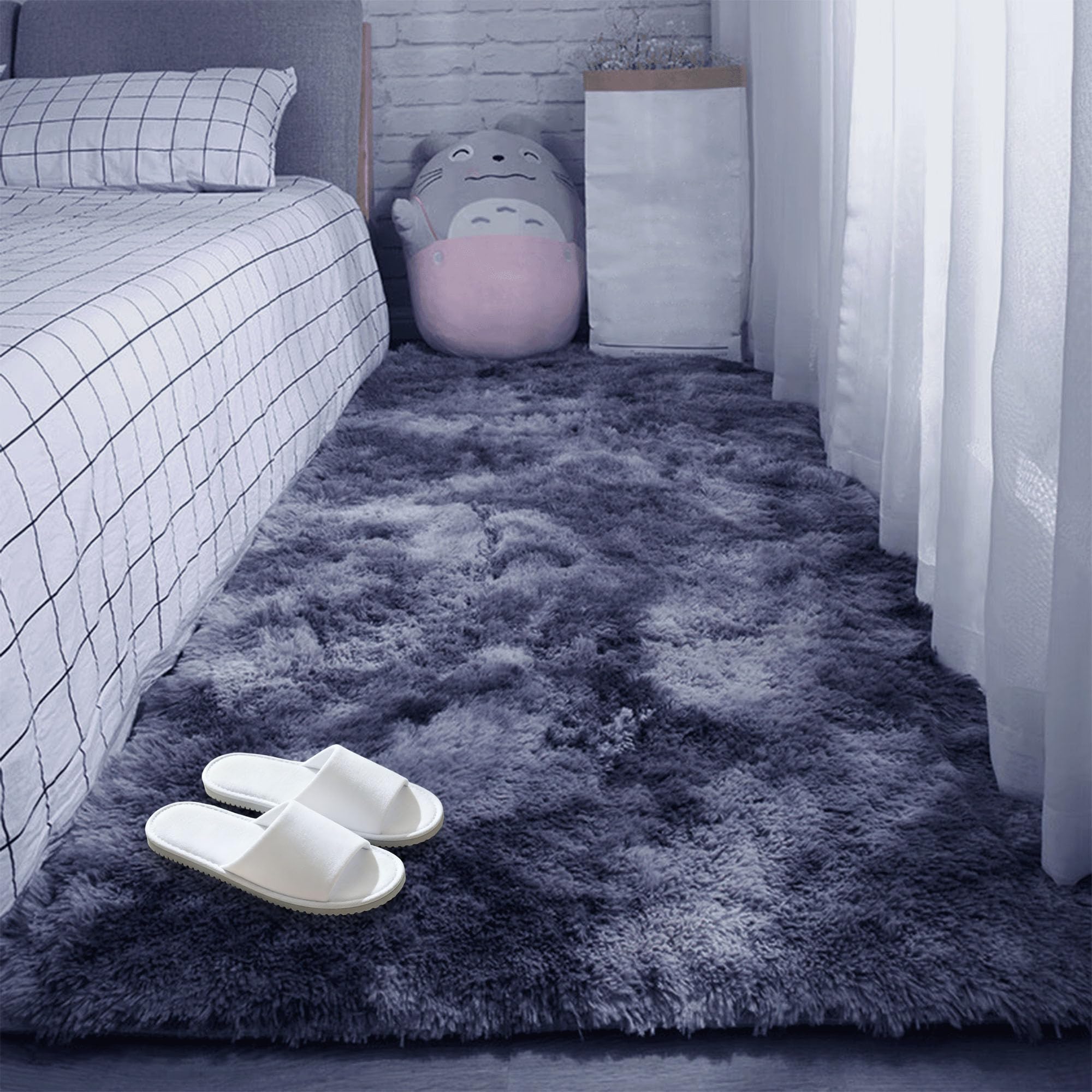 Moquette chambre anti-sol froid : grand tapis moelleux poil long gris foncé doux