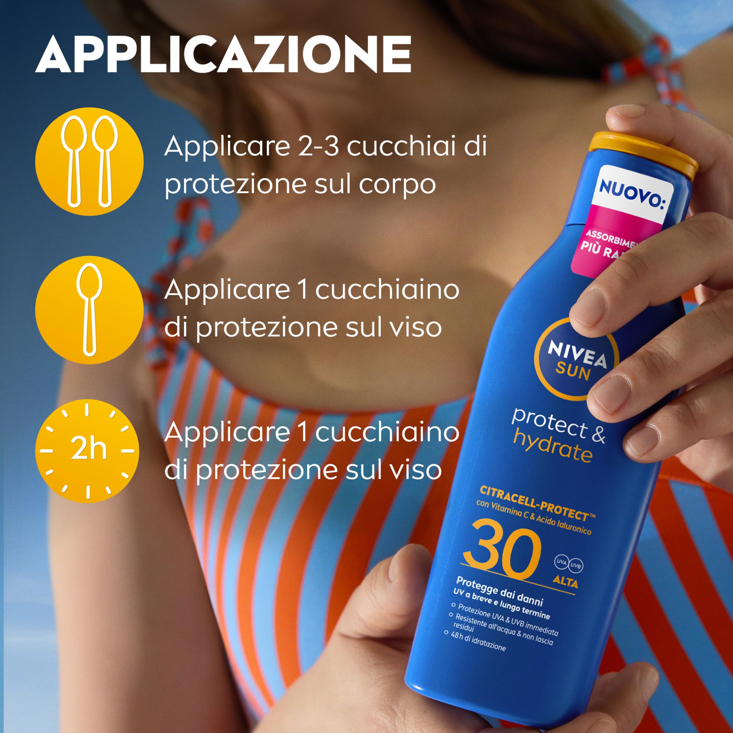 NIVEA SUN Protect & Hydrate SPF 30 200 ml, Crema solare 30 idratante 48h ad assorbimento rapido, Protezione solare 30 resistente all'acqua arricchita con Vitamina C e Acido Ialuronico