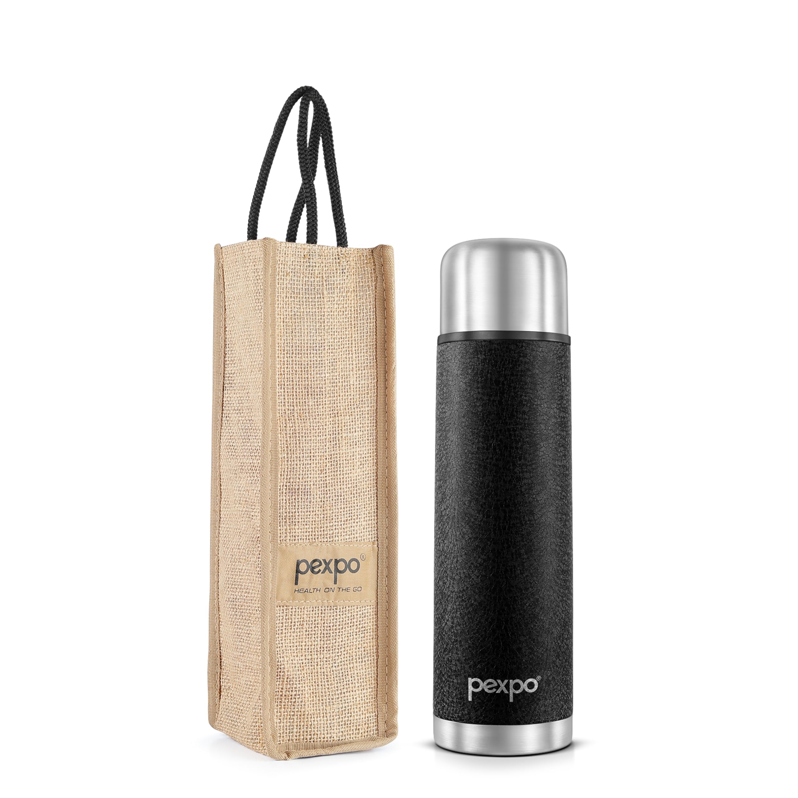 PEXPO Stainless Steel Water Bottle 500ml, ISI Certified, Hot & Cold Flask with Jute Bag | Leak Proof| 2 Year Warranty | for School, Office, Travel & Picnic | Flamingo | Black