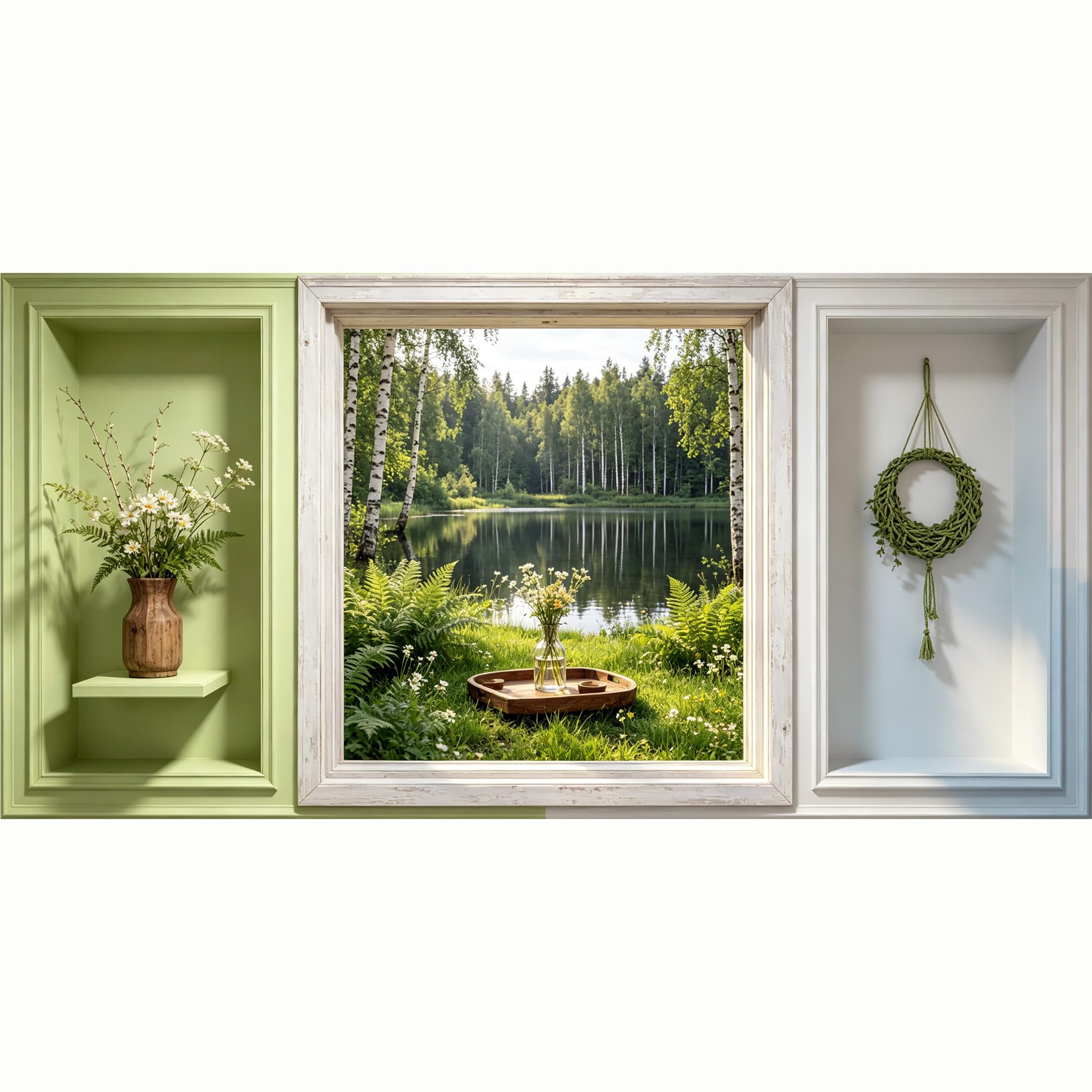 QZLITHOTIC 50x100cm 3D Framed Wall Art， Birch Forest Lake Landscape Botanical Scenic View SelfAdhesive Mural， Water‑Activated Peel & Stick Fabric Decor Wall Decal for Bedroom Living Room