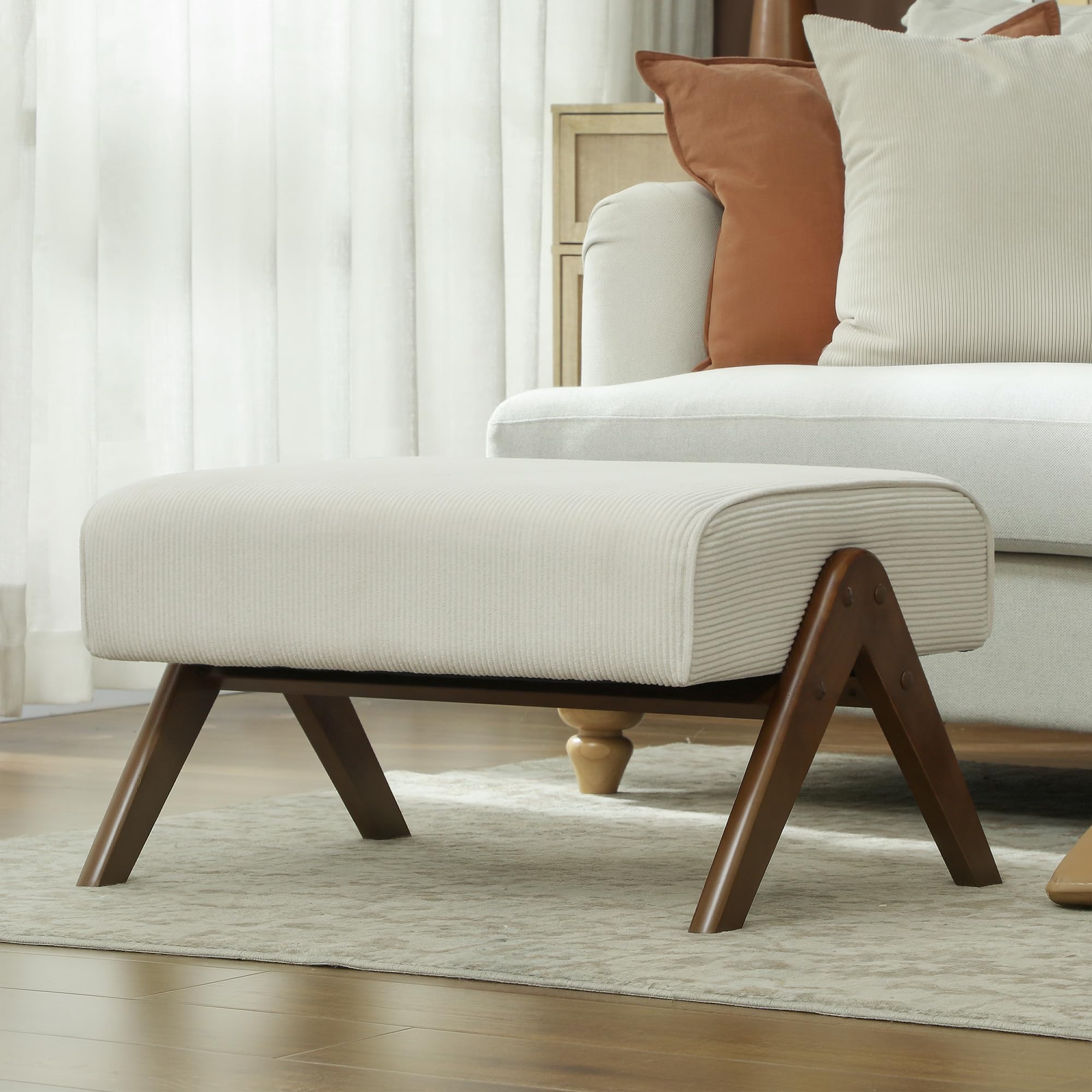 HOMCOM Reposapiés de Salón Taburete Bajo Tapizado en Pana Otomana Rectangular con Asiento Acolchado y Patas de Madera para Sala de Estar Dormitorio Beige
