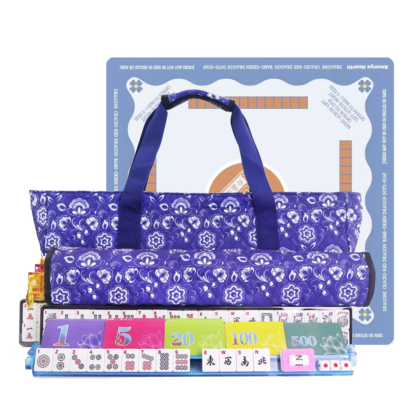 American Mahjong Game Set, Portable Carrying Bag,166 Premium White Tiles,Western Mahjong Tiles Set,Complete Ma Jong Set (Melamine-TableMat)