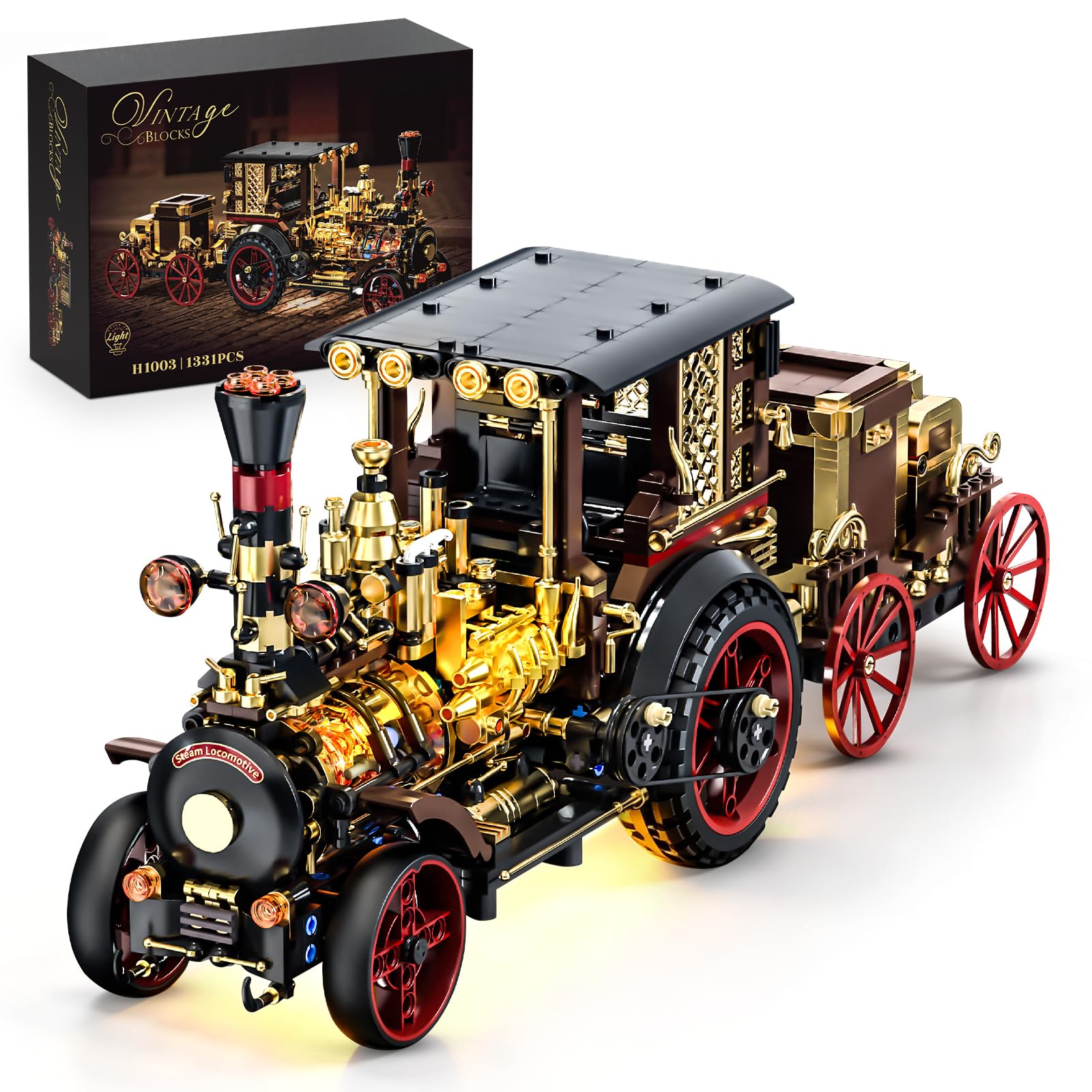 Vziimo Retro Dampfauto Bausteine für Erwachsene, MOC Oldtimer Bausatz mit Beleuchtung, Steampunk Fahrzeug Modellbausatz, Sammel und Ausstellungsgeschenke für Liebhaber antiker Fahrzeuge (1331 Teile)
