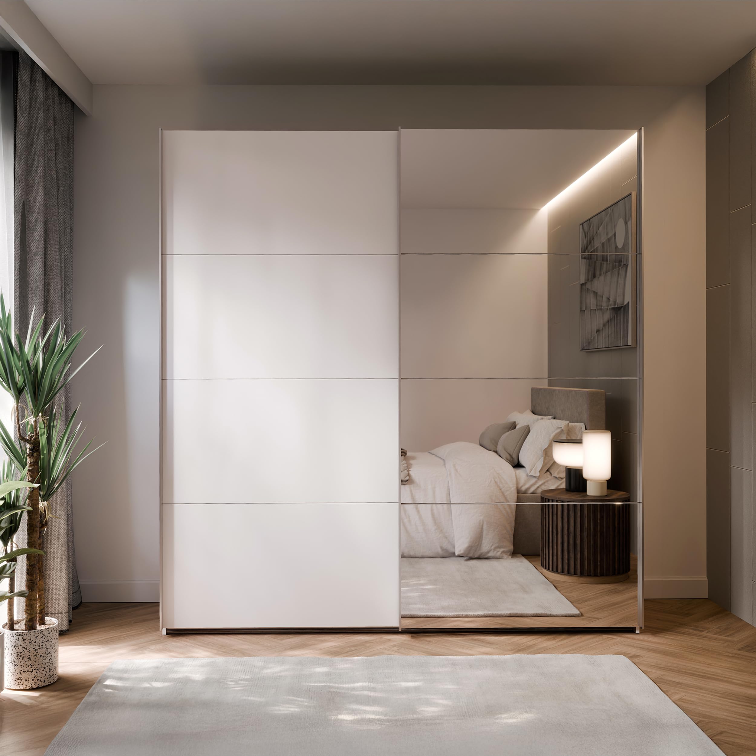Forte SOPHISTISPACE Kleiderschrank 200, moderner Schwebetürenschrank, 2-türig, Einlegeböden, Kleiderstangen, Spiegel, Holzwerkstoff, Weiß, 200,1 cm breit x 210,5 cm hoch x 62,9 cm tief