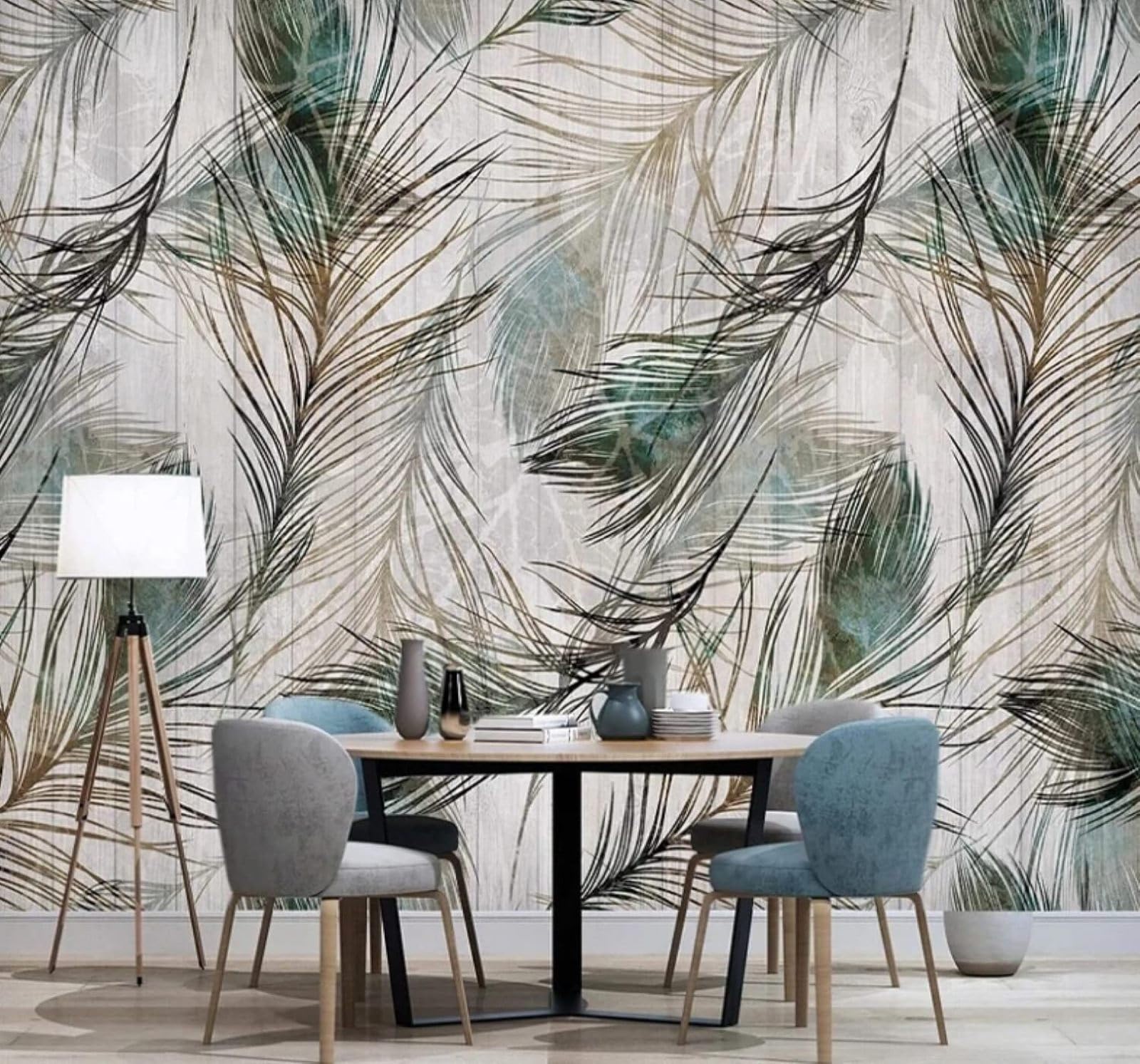 XLMING Vintage Wood Grain Hand Drawn Peacock Feathers 3D Wallpaper Luxury Silk Study Dining Feature Sofa Grey Bedroom Living Room Tv Decorative Wall-150cm×105cm