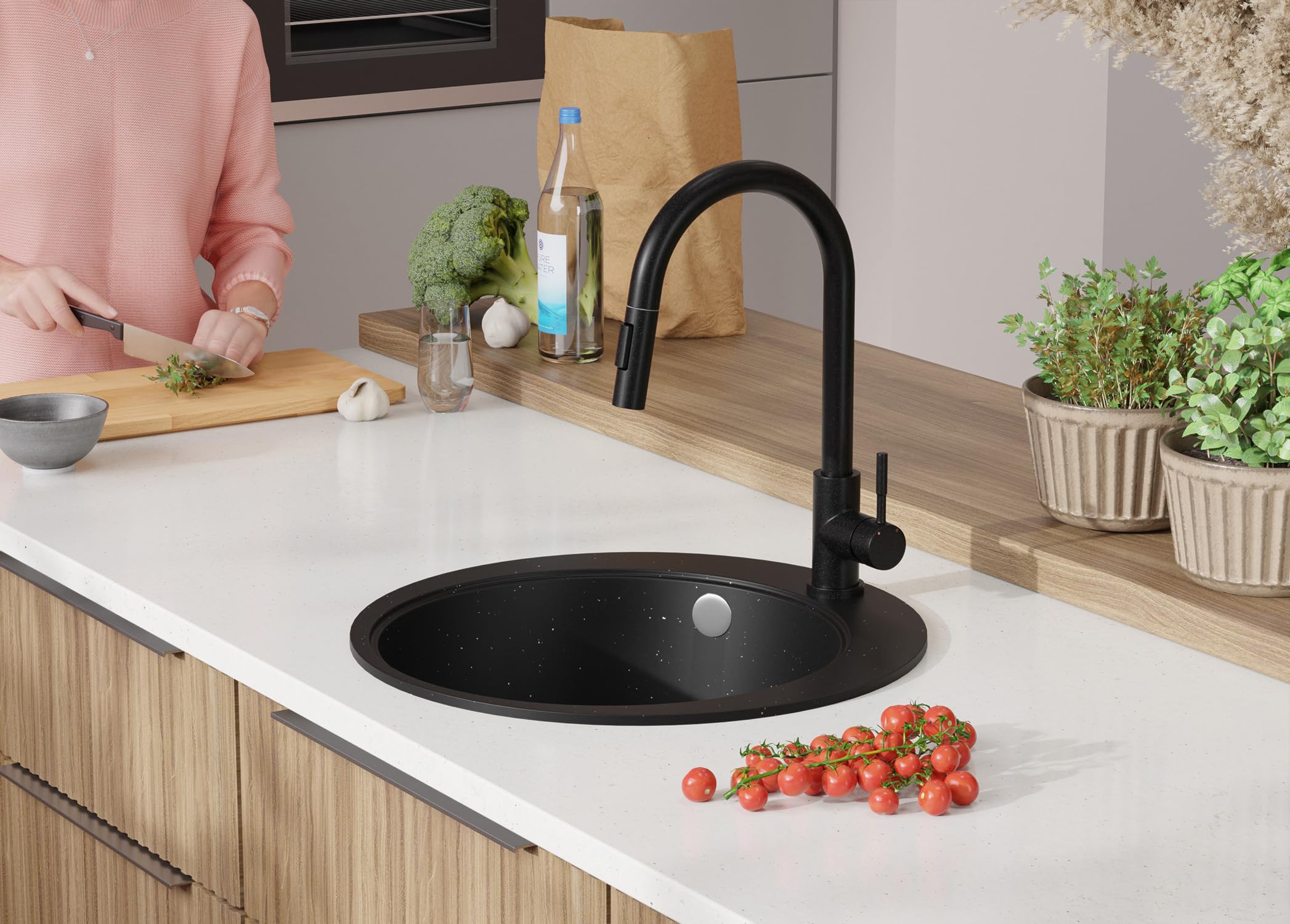 PRIMAGRAN Fregadero Cocina Negro Metallic - Pisa Top, 50x50cm | Granito 1 Seno + Sifón, sobre Encimera al Mueble 45cm (S004)