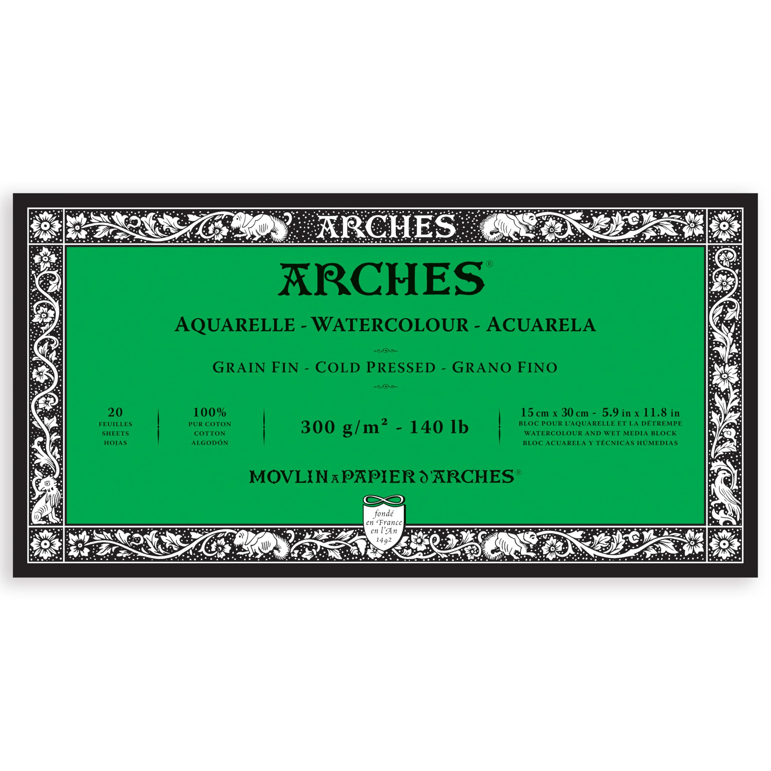 Arches Aquarelle Watercolor Block, Cold Pressed, 140lb/300gsm, 20 Sheet, 5.9x11.8 inch, Arches Watercolor Paper 100% Cotton