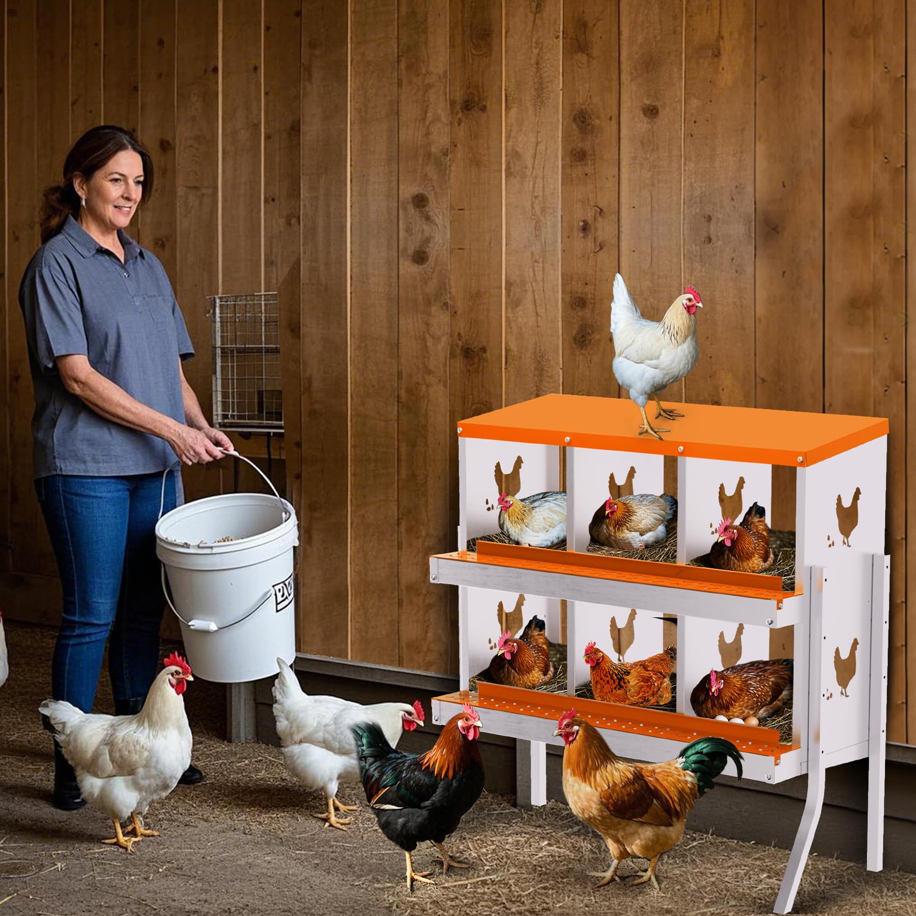 Garvee Nido per Galline Ovaiole a 6 Scomparti, Cassetta Nido in Acciaio Zincato con Supporto e Vassoio Estraibile, Design Roll-away per Raccolta Uova Sicura, Antiruggine e Durevole, Arancione