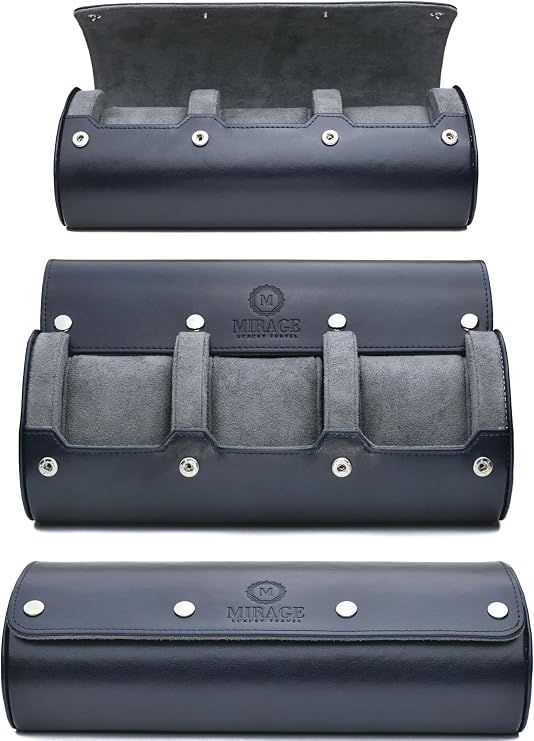 Watch Case Travel Organizer - Watch Roll Case - 3 Watch Case Display Storage - Watches Accessory Gift - Midnight Blue Vegan Leather