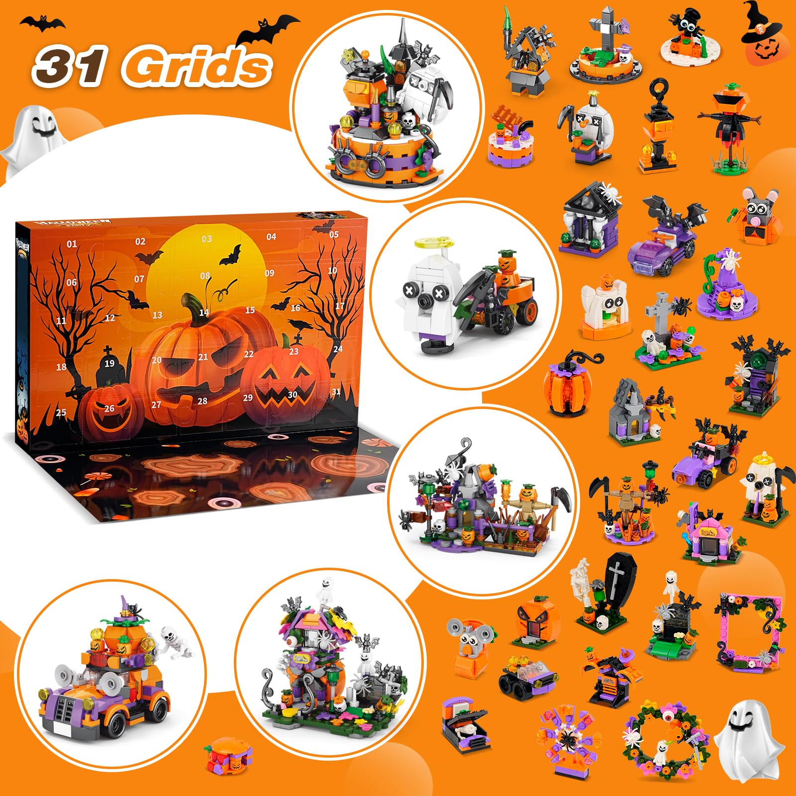 Halloween Advent Calendar 2024 with Building Blocks for Kids,31 Days Halloween Countdown Calendars Building Blocks Fun Countdown Halloween Toy Gifts for Kids(CT-930)