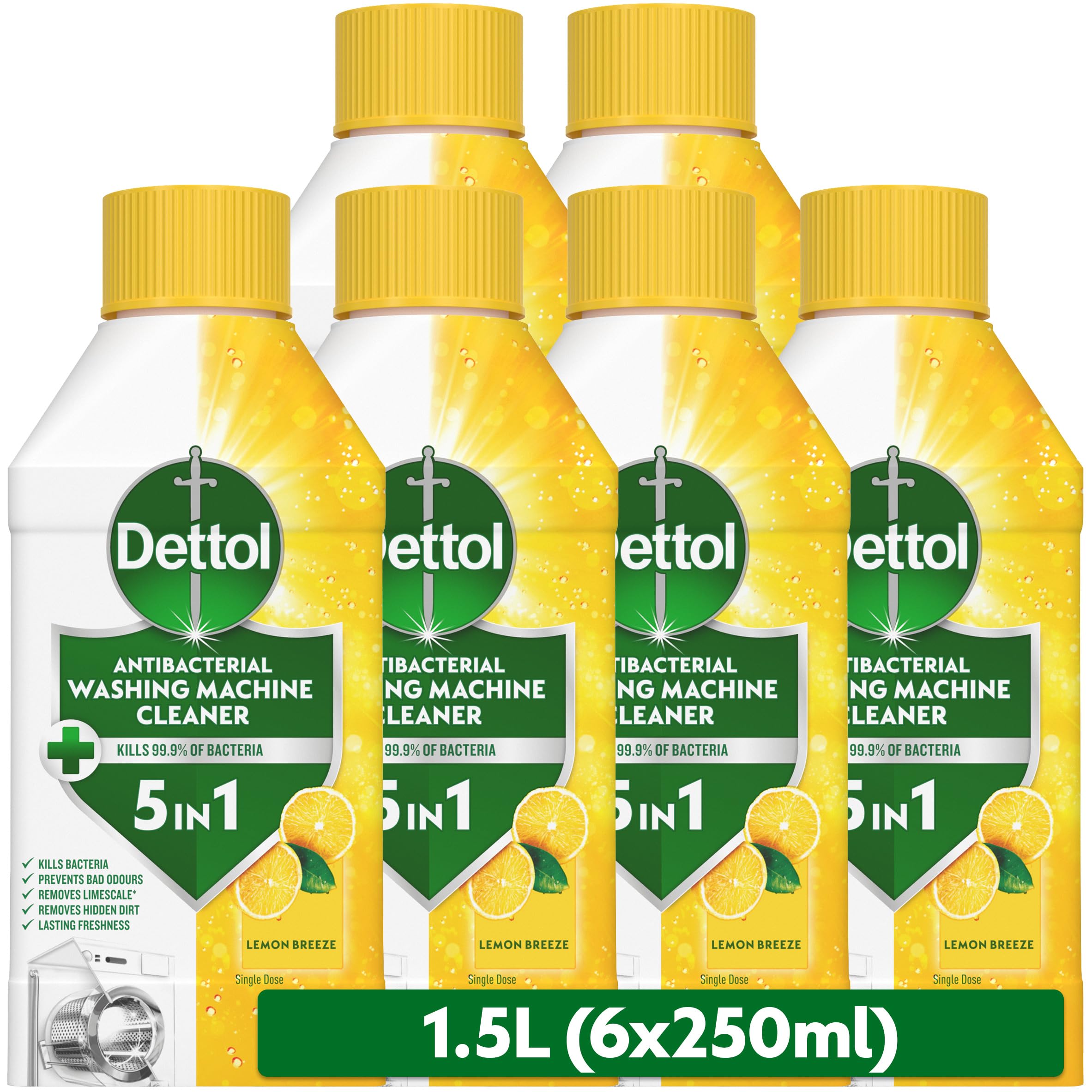 DettolWashing Machine Cleaner, Lemon, Multipack of 6 X 250ml, Total of 1.5L, Wasing Machine Limescale Remover, Washing Machine Descaler, Antibacterial, Disinfectant, Laundry