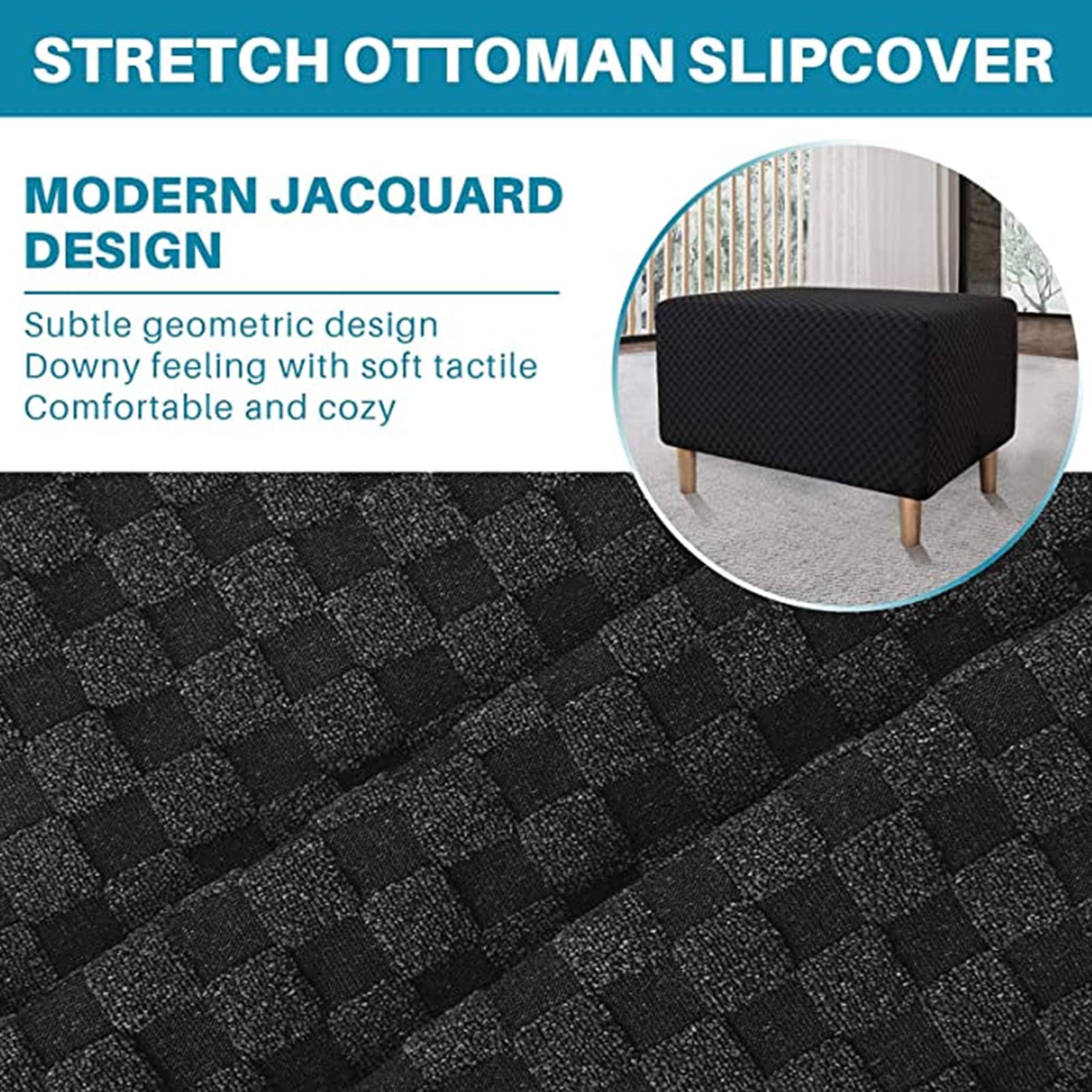Ottoman Cover, Stretch Rectangle Ottoman Slipcovers of Foot Stool for Living Room, Folding Storage Furniture Protector with Elastic Bottom, Machine Washable(Black,L)