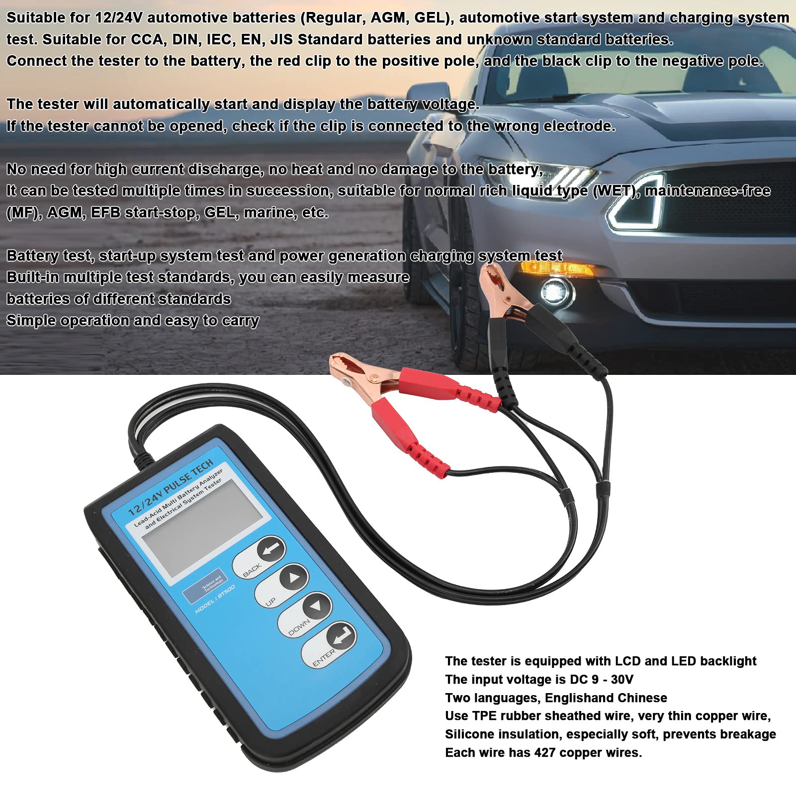 Comprobador de batería BT500, comprobador de batería de Coche de 12 V/24 V, analizador de batería automático con retroiluminación LED LCD para baterías estándar CCA DIN IEC EN