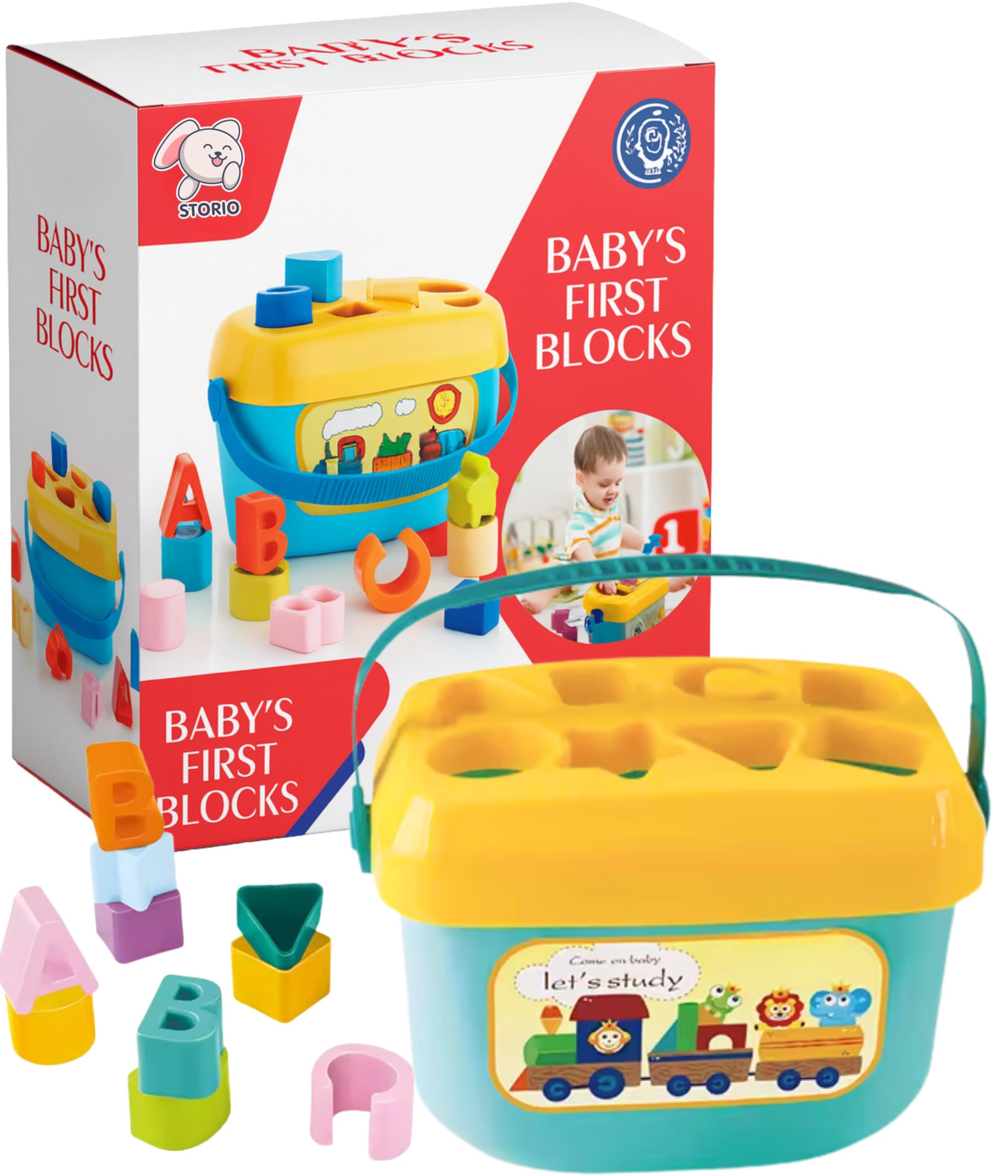 Storio Baby First Blocks Shapes Sorter, ABCD Blocks, Toy Building Block for 6 Months to 1-2 Years Old Kids for Boys and Girls, 16 Pcs